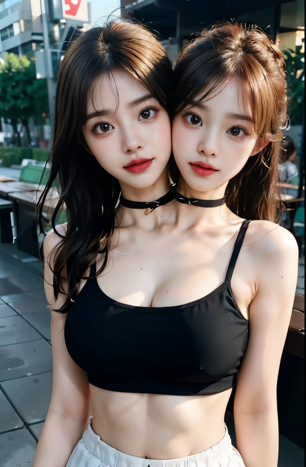 8K raw photos,A high resolution,chest circumference,Abs,the ribs,conjoined_dicephalus, (two heads:1.3), Bright blonde hair,Beautiful tight sports bra cropped style ,a skirt,night school poolside,Poolside benches at night,Cute Japanese 22 years old,with a round face,Very thin lips,very large round breasts,plump,beautiful eyes in detail,long eyelasher,beautiful double eyelid,cloned face, Three white eyes,duck mouth,bluntbangs,okami,choker necklace,random facial expression,Single ponytail