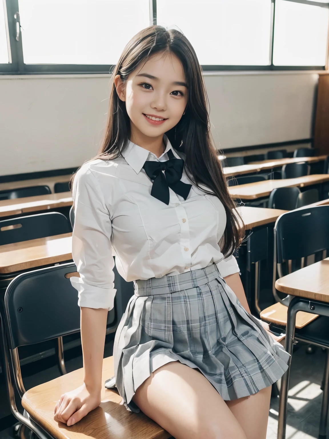 best image quality　RAW photo　baby face　(((detailed face)))(((detailed body)))(((model body shape)))(((sexy body)))(((NSFW)))(((long hair that reaches to the waist)))school classroom(Detailed school scene)school uniform(white shirt)(Gray Check Skirt)(gray check pleated skirt)Japanese high school girl　sit in a chair　random pose　Dynamic Bose　smile at the camera　angelic smile　detailed school uniform