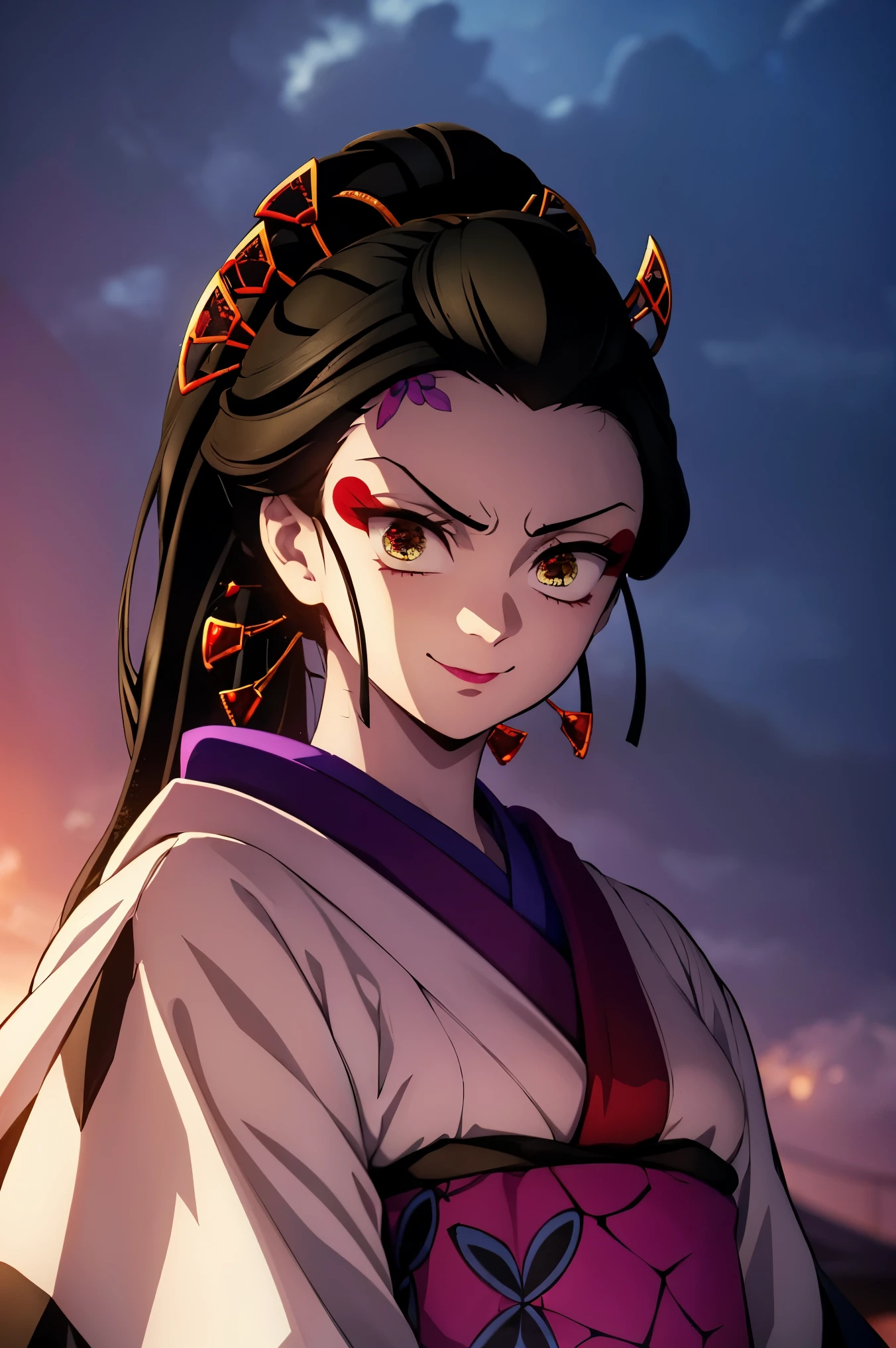 masterpiece,hyper quality, very detailed, perfect picture, CG, 3D, 8k, figure, beautiful face girl, one beautiful girl, samurai costume, black hair, ponytail, big red ribbon, kimono, Double Point, in the same way, Japanese armor, Droopy eyes but cute, A dignified and cute expression, cute smile, スリーサイズ B90W60H95, Moonlight leaking through the clouds, ancient city, Remains, gradation sky, masterpiece, hyper quality, very detailed, perfect picture, CG, 3D, 8k, figure