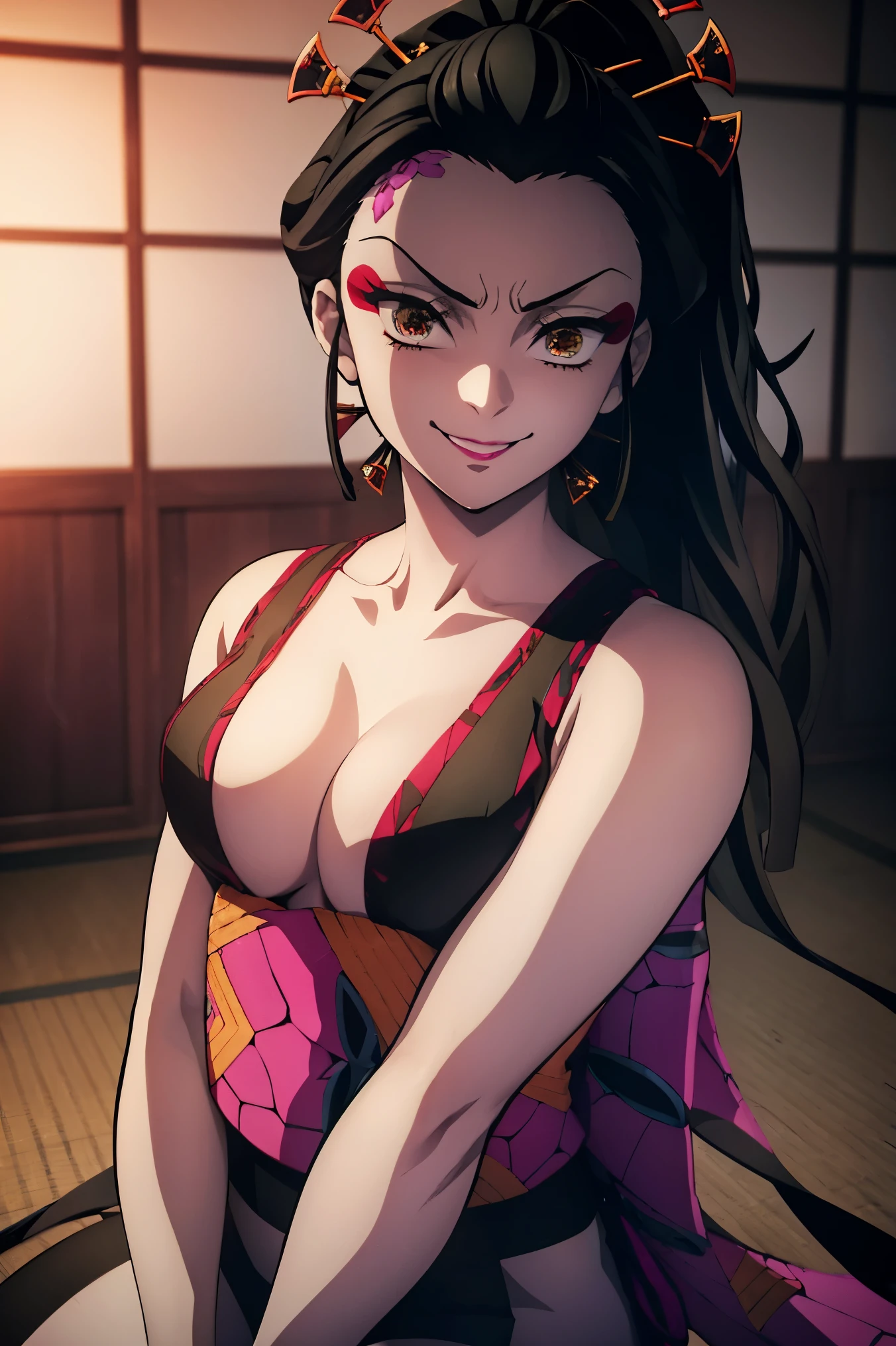 masterpiece,hyper quality, very detailed, perfect picture, CG, 3D, 8k, figure, beautiful face girl, one beautiful girl, samurai costume, black hair, ponytail, big red ribbon, kimono, Double Point, in the same way, Japanese armor, Droopy eyes but cute, A dignified and cute expression, cute smile, スリーサイズ B90W60H95, Moonlight leaking through the clouds, ancient city, Remains, gradation sky, masterpiece, hyper quality, very detailed, perfect picture, CG, 3D, 8k, figure