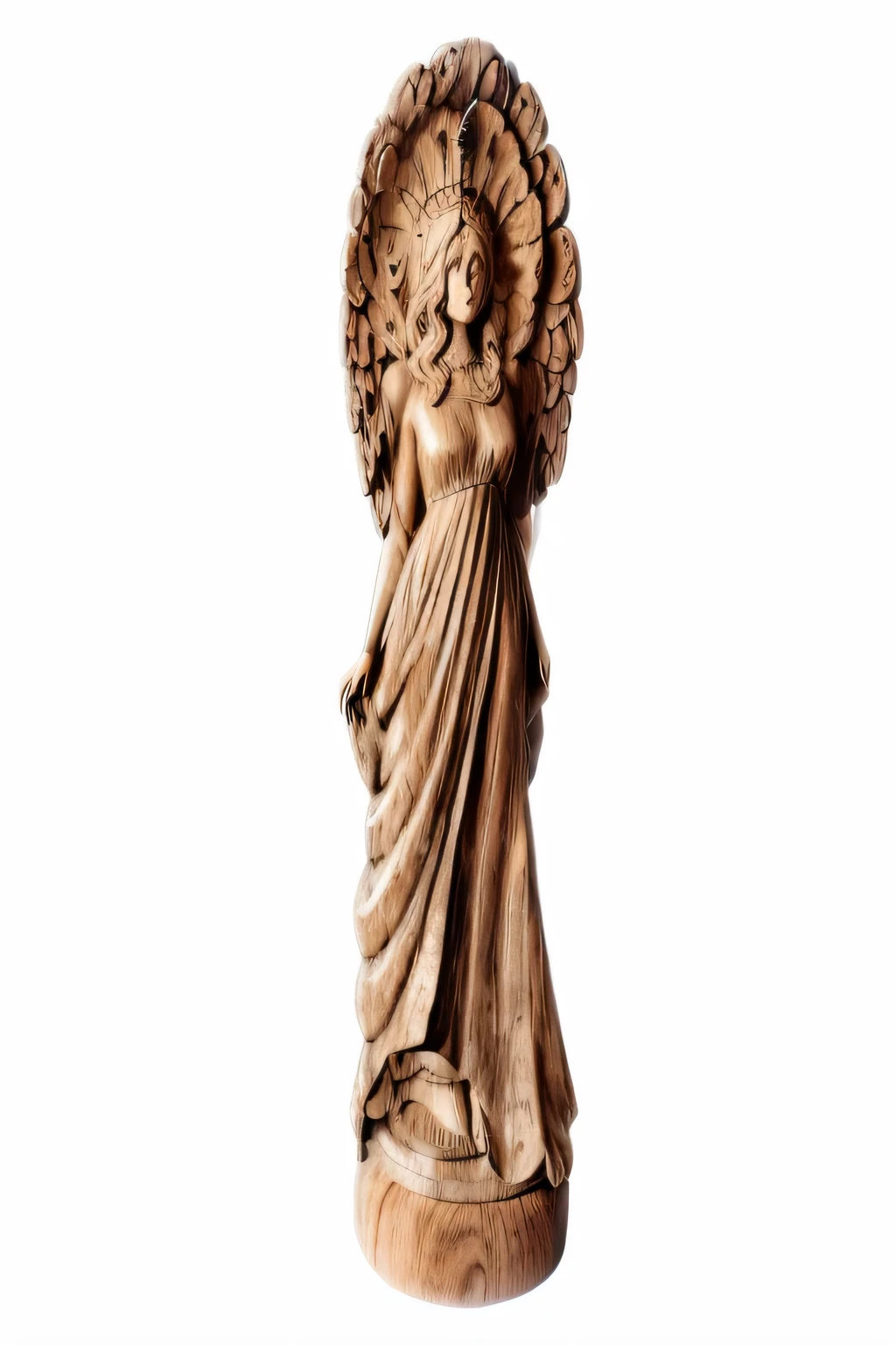 wooden statue moon angel statue,is a perfect face,There is a moon disk behind the head,wearing a robe,Standing on the round stone platform,Star and Moon Robe, noble holy spirit. extremely high detail