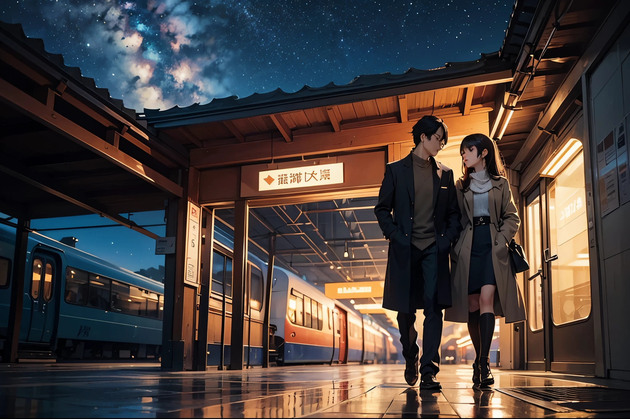 comics, bright starry sky. romantic train station, Xin Haicheng's pictures, pure, concept art, Lofi Art style, reflection. author:Xin Haicheng, Lofi Art, Beautiful anime scene, anime scenery, Detailed Landscape—Width 672, Xin Haicheng's style, Xin Haicheng的風格, Enhance details.