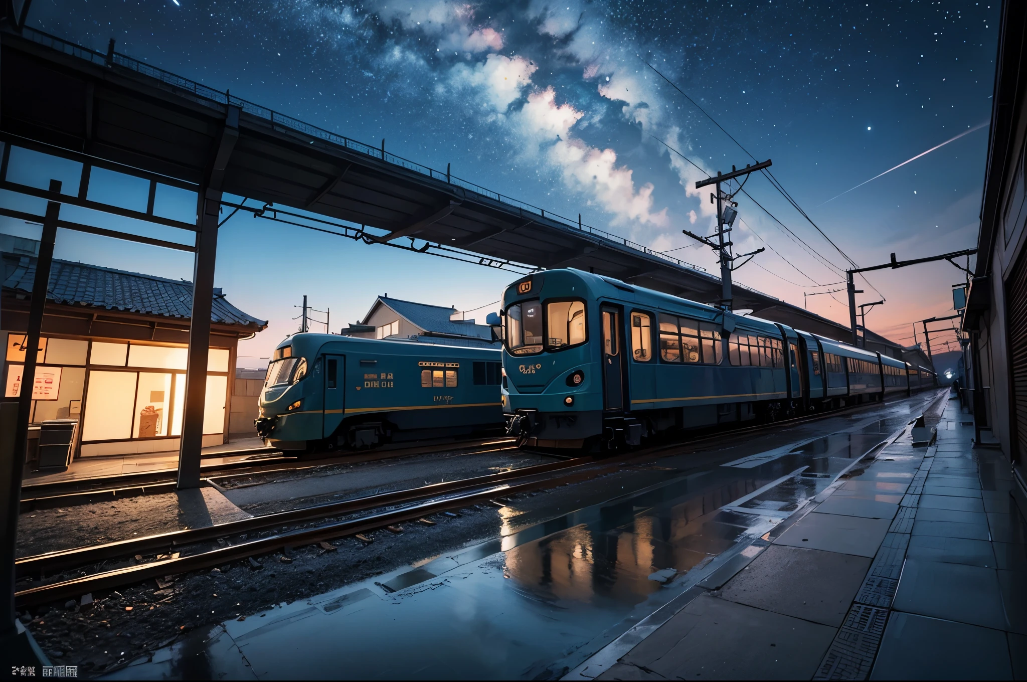 comics, bright starry sky. romantic train station, Xin Haicheng's pictures, pure, concept art, Lofi Art style, reflection. author:Xin Haicheng, Lofi Art, Beautiful anime scene, anime scenery, Detailed Landscape—Width 672, Xin Haicheng's style, Xin Haicheng的風格, Enhance details.
