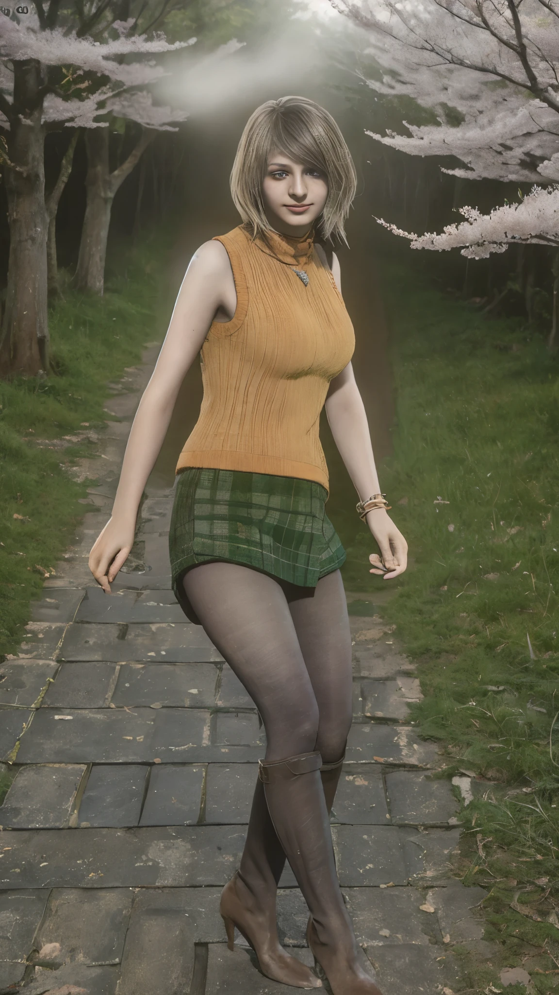 Beautiful 13 year old Indian teenager, long hair, dress, falling straps, small cleavage, pantyhose, high heels, Japanese rural street, cherry blossoms, fog, sexy pose, Silent Hill world