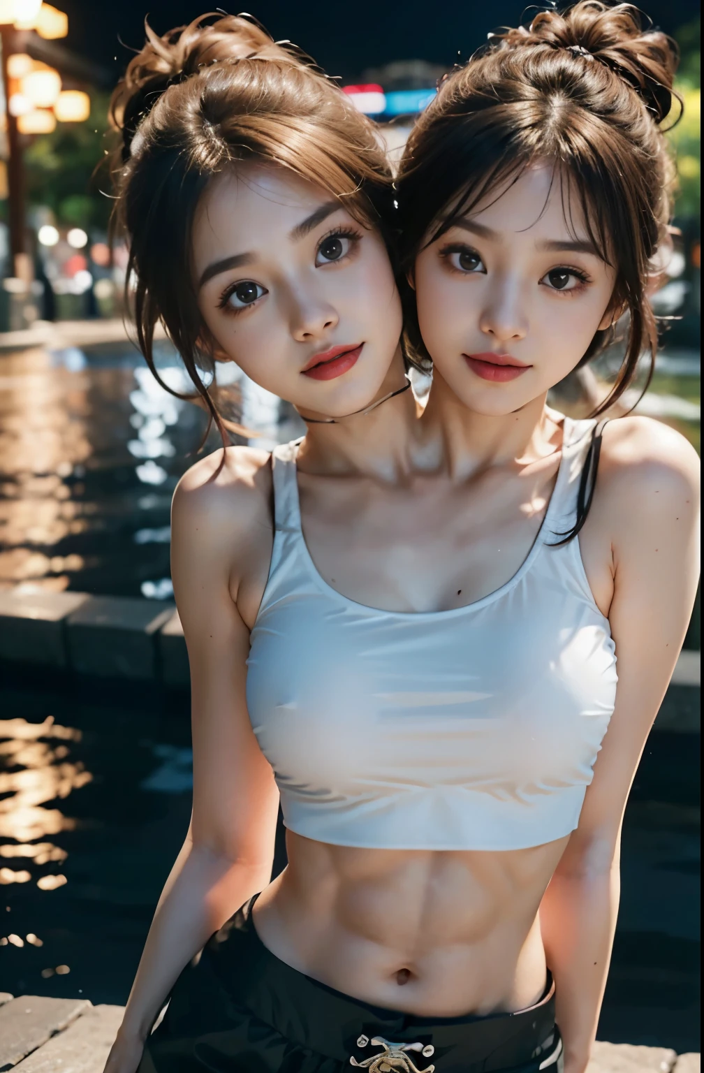 8K raw photos,A high resolution,chest circumference,Abs,the ribs,conjoined_dicephalus, (two heads:1.3), Bright blonde hair,Beautiful tight sports bra cropped style ,a skirt, park pond at night, nighttime, sparse lighting,Cute Japanese 22 years old,with a round face,Very thin lips,smile,plump,beautiful eyes in detail,long eyelash,Three white eyes,duck mouth,bluntbangs,okami,choker necklace,random facial expression,Single ponytail