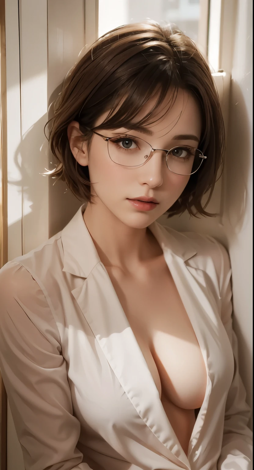 skin tight black top:1.2, looking at the viewer, cinematic lighting, perfection, soft light, high resolution skins:1.2, realistic skin texture, 30 year old mature woman、small face、No makeup、, off shoulder,bust B cup、 exposed cleavage, red eyes, short hair, dark brown hair、full nude、gray background、