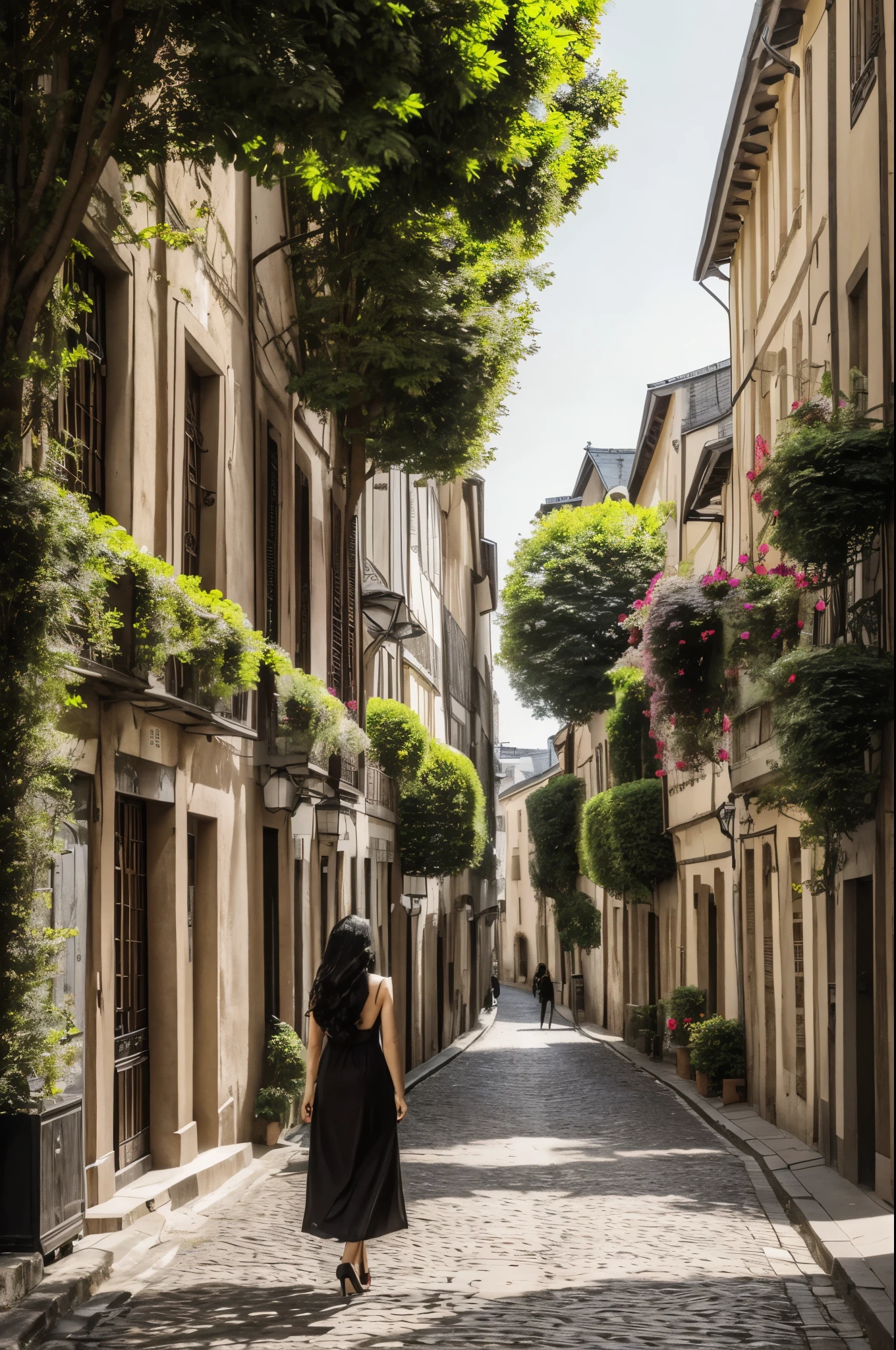 ((masterpiece)), best quality, extremely detailed, Sexy ultra realistic asian woman with long wave black hair, France city streets, city center, peaceful and beautiful picture of old city streets, greenery bushes around