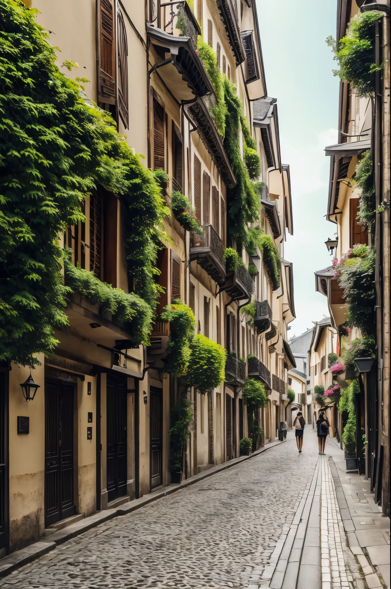 ((masterpiece)), best quality, extremely detailed, Sexy ultra realistic asian woman with long wave black hair, France city streets, city center, peaceful and beautiful picture of old city streets, greenery bushes around

