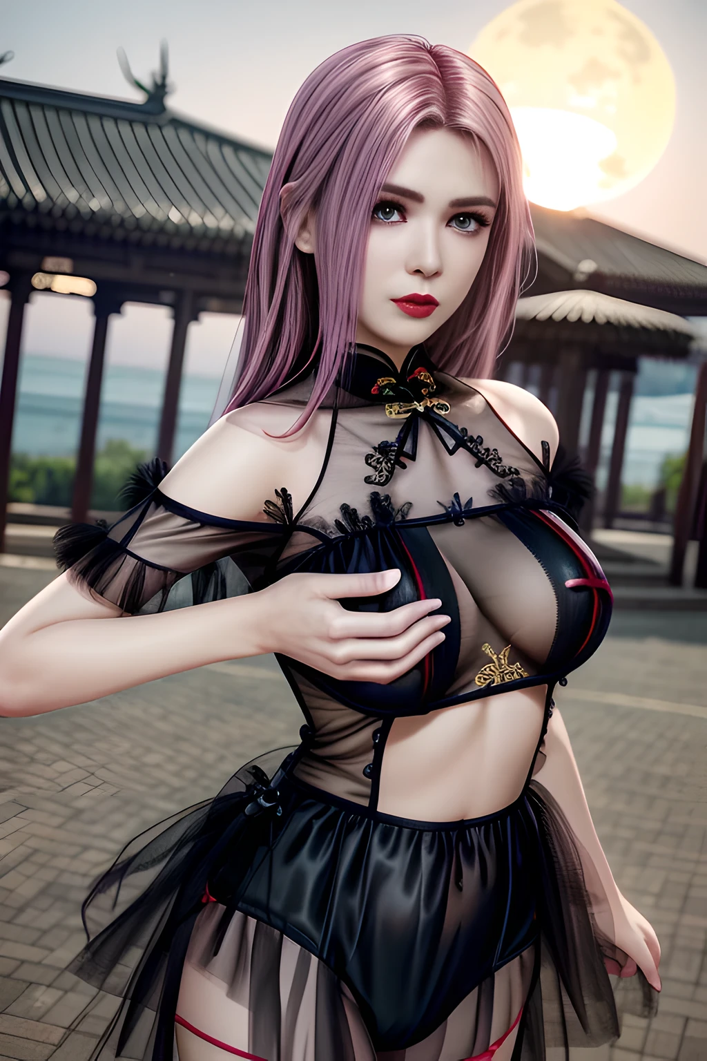 night,1 girl,Alice,(tulle cheongsam:1.4),lace, jewelry,Outdoor activities, (standing posture),grace,(((red lips))), Lips slightly open, clavicle,Lactation,(huge breasts:1.3),skin shiny,((8k, original photo, top quality, masterpiece)), HD RAW color photos professional close-up photos, (actual, photorealism: 1.37), (best quality),8k,Fabric luster,alone,