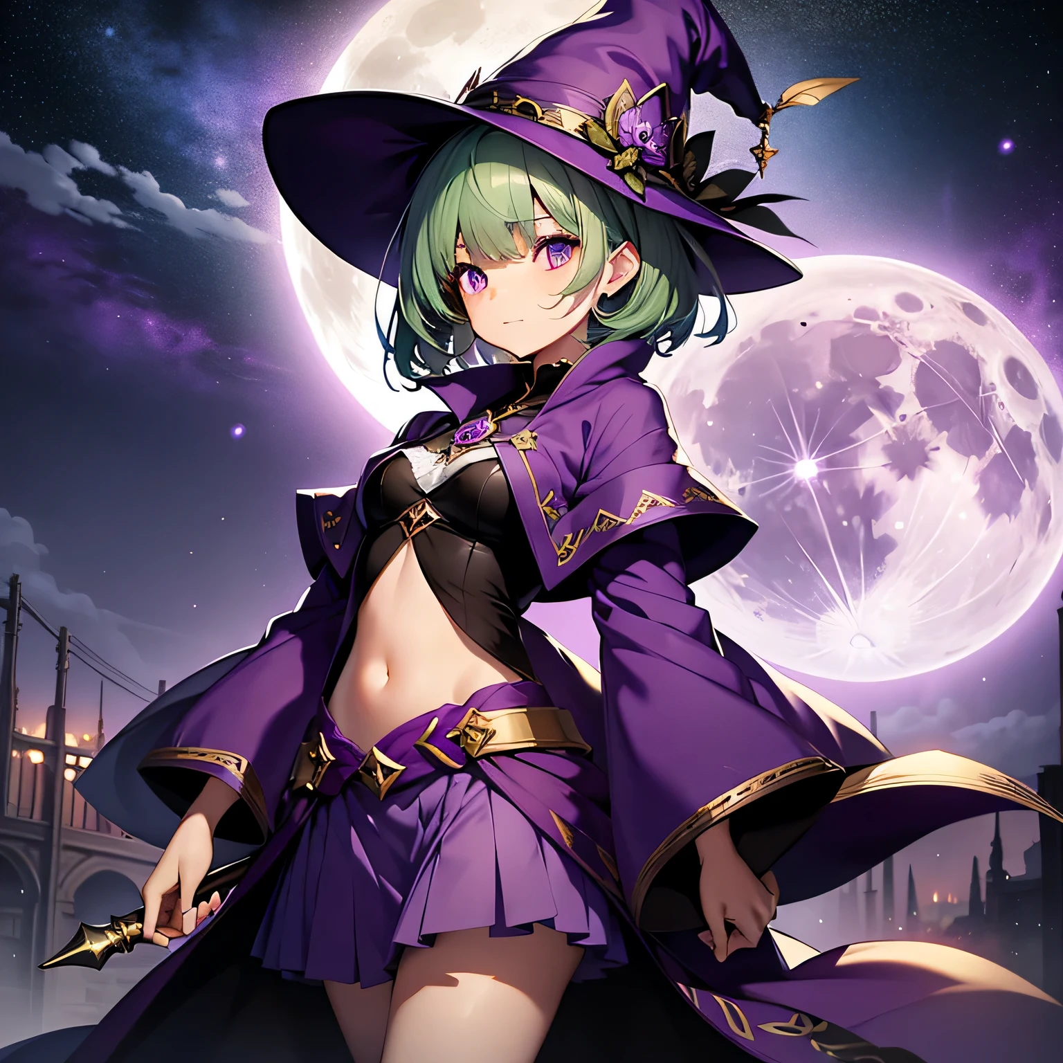 highest quality、very delicate and beautiful、()、purple eyes、green hair、short hair、(Purple Witch Hat)、purple tie、I、short sleeve、purple skirt、purple wizard'robe of、belly button、 Are standing、Full moon night in the background