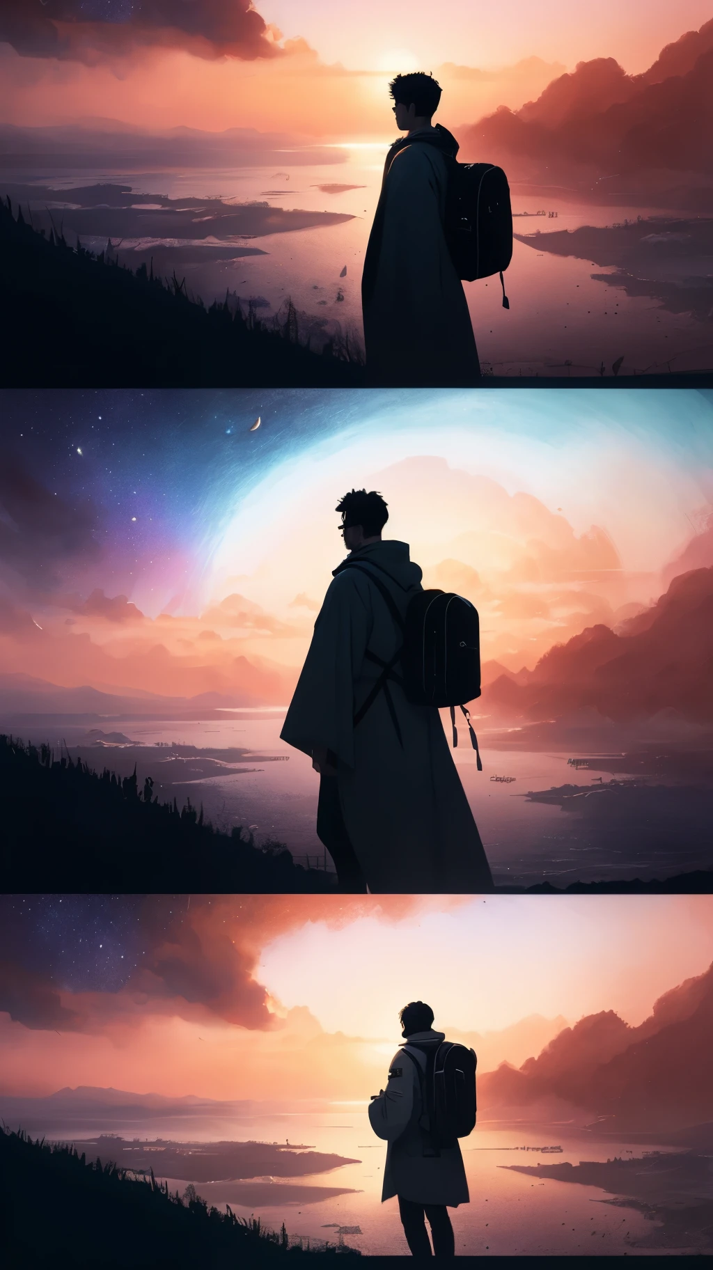 (Very detailed CG unity 8k wallpapers), panoramas of the most beautiful outer space artwork, sci-fi space landscapes, planets, Ed Blinkey, Atey Ghailan, professional majestic paintings of Studio Ghibli, Jeremy Mann, Greg Manchess, Antonio Moro, Trending on ArtStation, Trending on CGSociety, Intricate, High Detail, Sharp focus, dramatic, photorealistic painting art by midjourney and greg rutkowski, closeup silhouette of steampunk guy wearing long robe and backpack