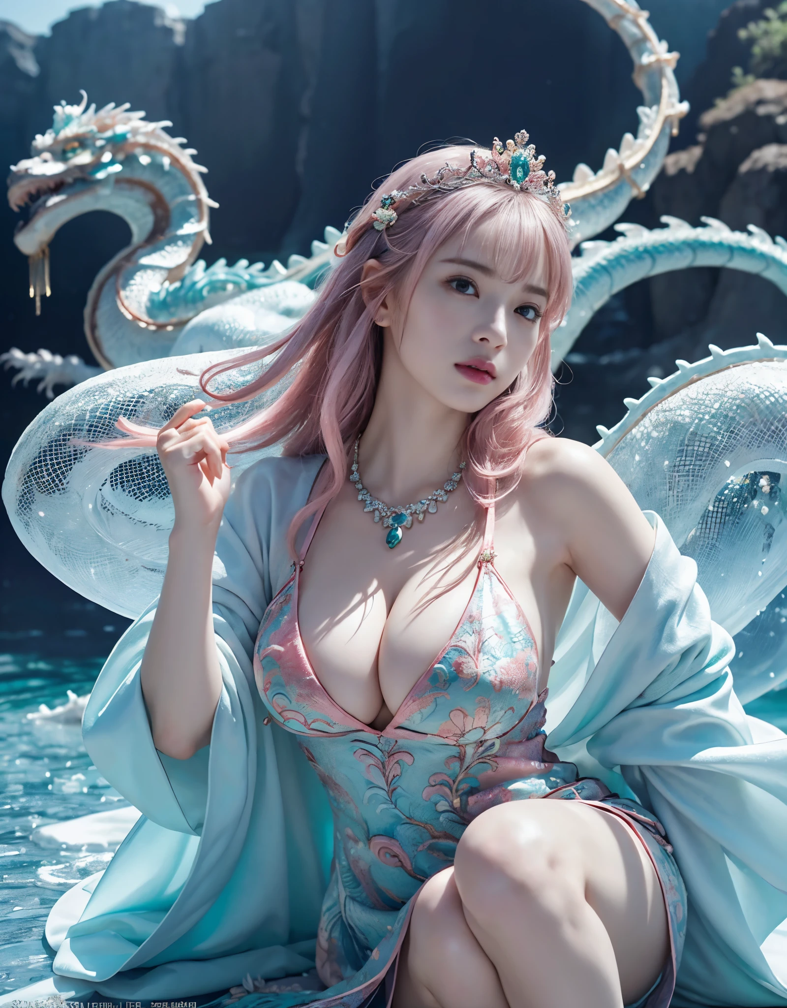 (very heavy chest)、highest quality、masterpiece、ultra high resolution、(ice dragon armor)、(((Metal製))),(((big breasts)))、(((pink micro bikini))),(she wears a beautiful crown made of precious stones.),(Photoreal:1.4)、RAW photo、1 girl、(((random hair))、(((color々take a pose)))、glowing skin、(((ice chinese dragon)))、intricate and gorgeous hair ornaments、(looks like a gorgeous necklace)、(someone who looks at you calmly, Eyes like a goddess.)happiness:1.2).((beautiful sea background))、cliff、(ruins background)、((Ultra realistic details))、portrait、global illumination、(sexy pose)、Shadow、octane rendering、16k、big breasts、Raw skin exposed in the cleavage、Metal、intricate decorative details、Japan details、very intricate details、realistic light、CG Society Trenlow Eyes、Eyes shining towards the camera、()、(((heavy big))),Shining eyes shine、armpit、24k,Ice Effect、It's snowing、