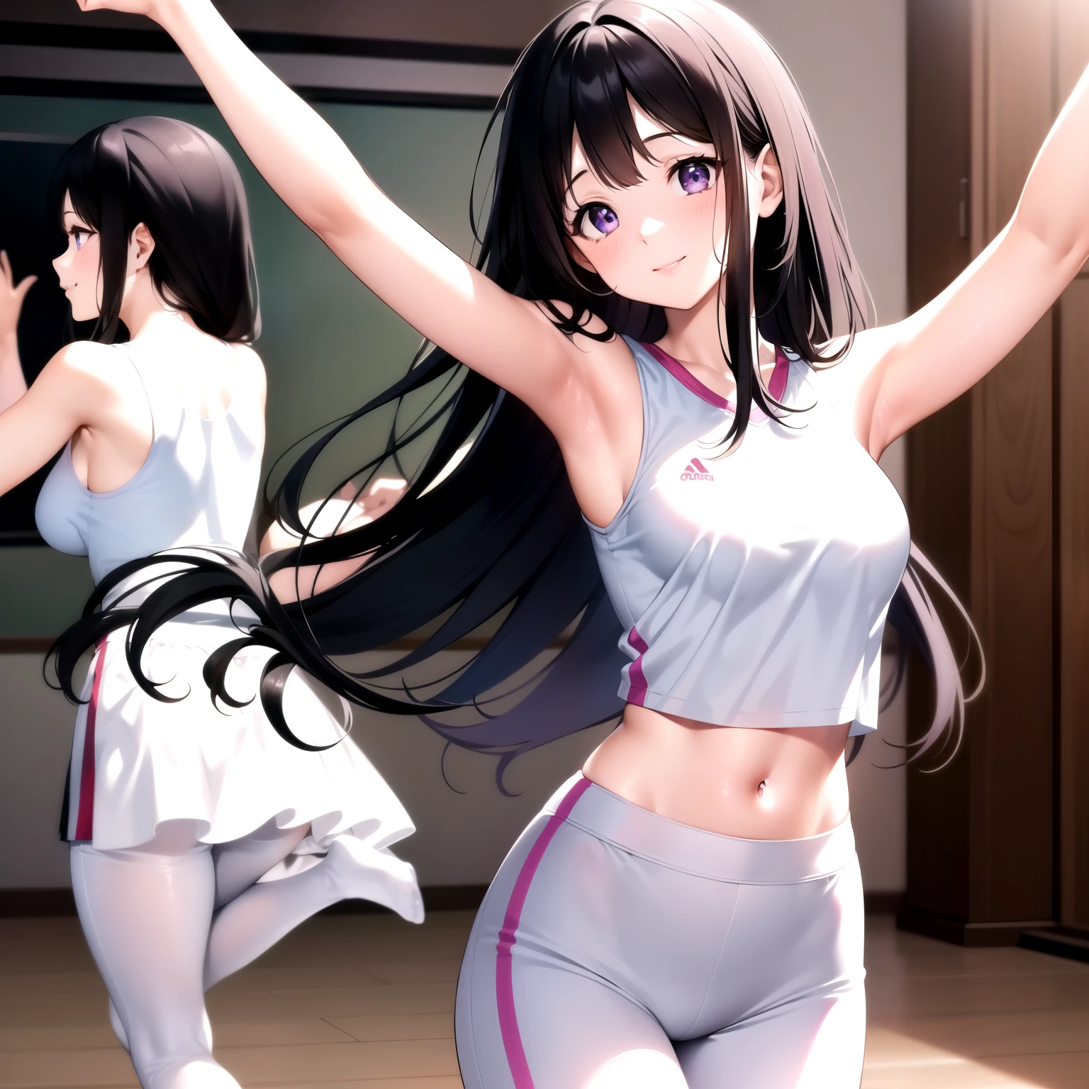 (A superb exquisite Chitanda Eru), (adult face), solo, intricate details, (finely detailed beautiful eyes: 1.2), purple eyes, long black hair, natural straight hair, straight bangs, solo, [Small_breasts: large_breasts: 0.5], normal , extremely delicate, peerless beautiful girl, dreamy quality, exaggerated facial features, solid color, delicate face, bright lips, slender waist, straight curves, soft lights and shadows, super fine, 8K, HD, (masterpiece:1.4), (((timid smile, dance practice, dance workout, sportswear)))