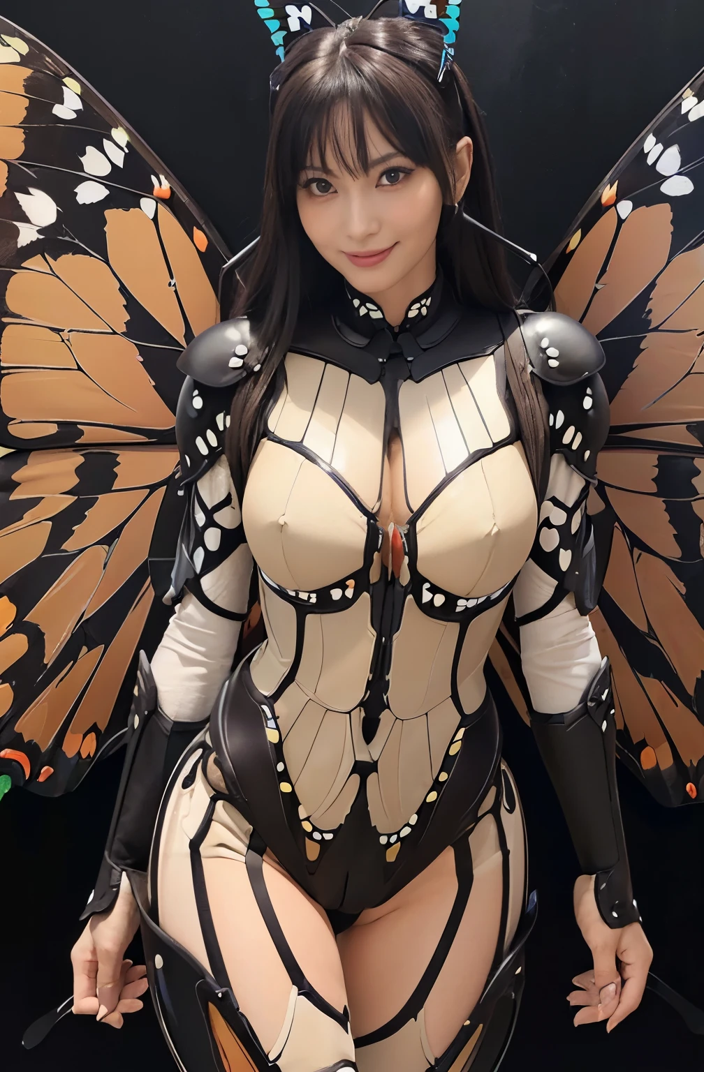 (high resolution,masterpiece,best quality,extremely detailed CG, anime, official art:1.4), realistic, photo, amazing fine details, all intricate, gloss and shiny,awesome many layers, 8k wall paper, 3d, sketch, kawaii, illustration,( solo:1.4), perfect female proportion,villainess, (fusion of butterfly and lady:1.4), (butterfly form lady:1.2), (butterfly lady:1.2), (fusion:1.2), (solo:1.4), (evil smile:1.2), muscular, abs, (butterfly exoskeleton bio insect suit:1.4), (butterfly brown exoskeleton bio insect armor:1.2), (brown transparency butterfly wing:1.4), (brown butterfly antennae:1.3),