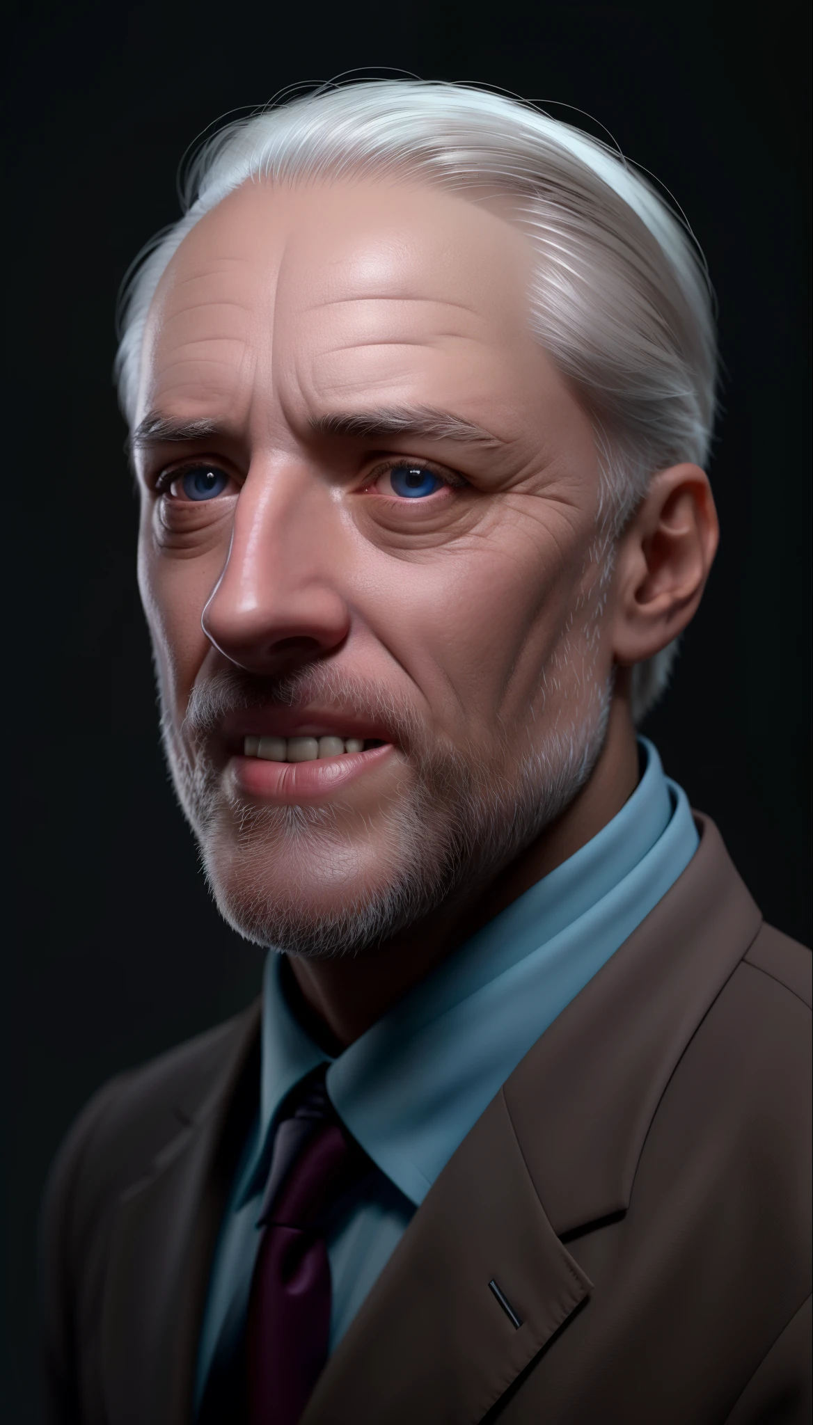 un primer plano de un hombre con traje y corbata con una mirada espeluznante, cinematic bust portrait, retrato humanoide, retrato de humanoide masculino, arte conceptual oscuro fotorrealista, roland zilvinskis 3d hacer arte, realistic cinematic portrait, retrato de personaje de primer plano, por Andrei Kolkoutine, stefan koidl inspirado, inspired by the maxim verehin