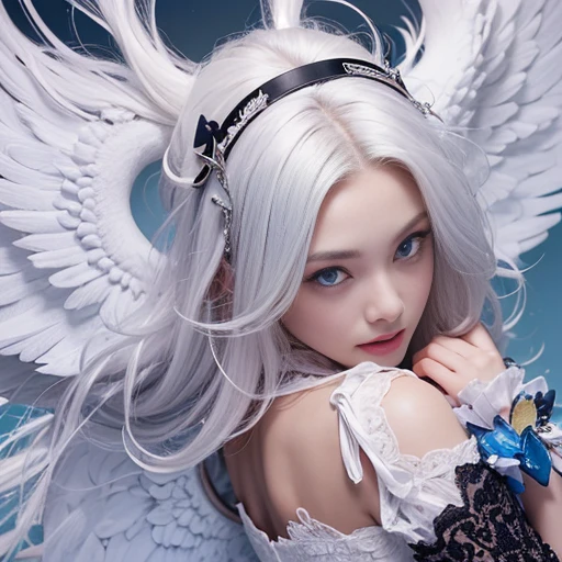 8k, Best Quality, Detailed, Ultra High Definition, Masterpiece, Random Angle, Elongated, Smiling, (Compensation: 0.4), (Fluffy Blue Eyes: 1.21), Big Blue Eyes, People Watching, ((Full Length)), One Girl, One Person, Close-Up Shot, (((High)), ((Slim Face ))), sharp face, sharp eyes, (((white hair, long hair, ))), ((detailed face)), small lips, (((small angel wings))), (((white dress, ))), detailed breasts, big tits, detailed buttocks, beautiful girl with slim abs highlighted: 1. 4, six pack abs: 1.4, bust botox Perfect body, slender legs, (((in heaven))), 18 years old, looks much younger than her age.