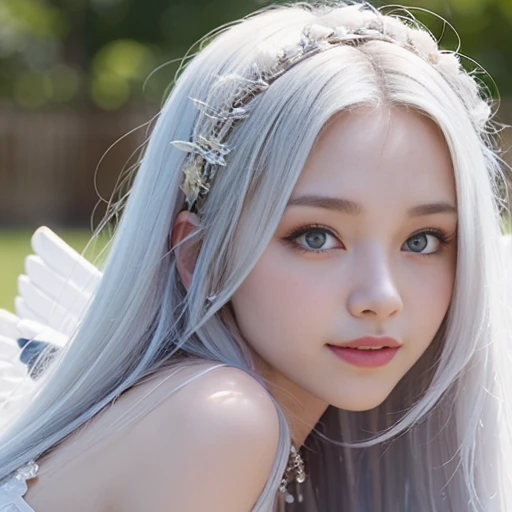      8k, Best Quality, Detailed, Ultra High Definition, Masterpiece, Random Angle, Elongated, Smiling, (Compensation: 0.4), (Fluffy Blue Eyes: 1.21), Big Blue Eyes, People Watching, ((Full Length)), One Girl, One Person, Close-Up Shot, (((High)), ((Slim Face ))), sharp face, sharp eyes, (((white hair, long hair, ))), ((detailed face)), small lips, (((small angel wings))), (((white dress, ))), detailed breasts, big tits, detailed buttocks, beautiful girl with slim abs highlighted: 1. 4, six pack abs: 1.4, bust botox Perfect body, slender legs, (((in heaven))), 18 years old, looks much younger than her age.