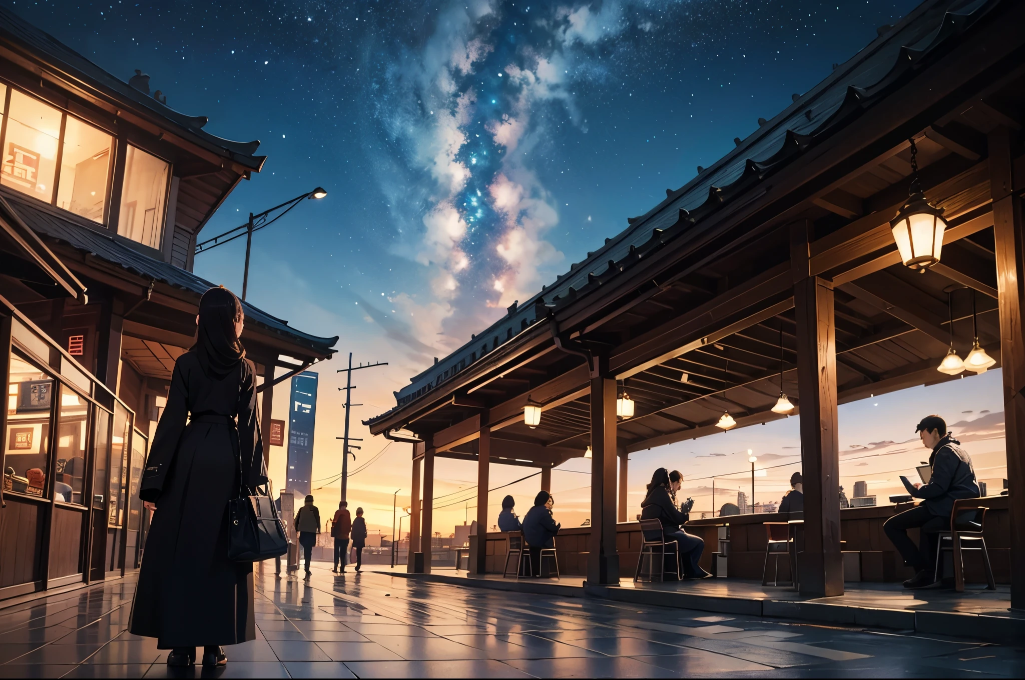comics, bright starry sky. romantic bus station, Xin Haicheng's pictures, pure, concept art, Lofi Art style, reflection. author:Xin Haicheng, Lofi Art, Beautiful anime scene, anime scenery, Detailed Landscape—Width 672, Xin Haicheng's style, Xin Haicheng的風格, Enhance details.