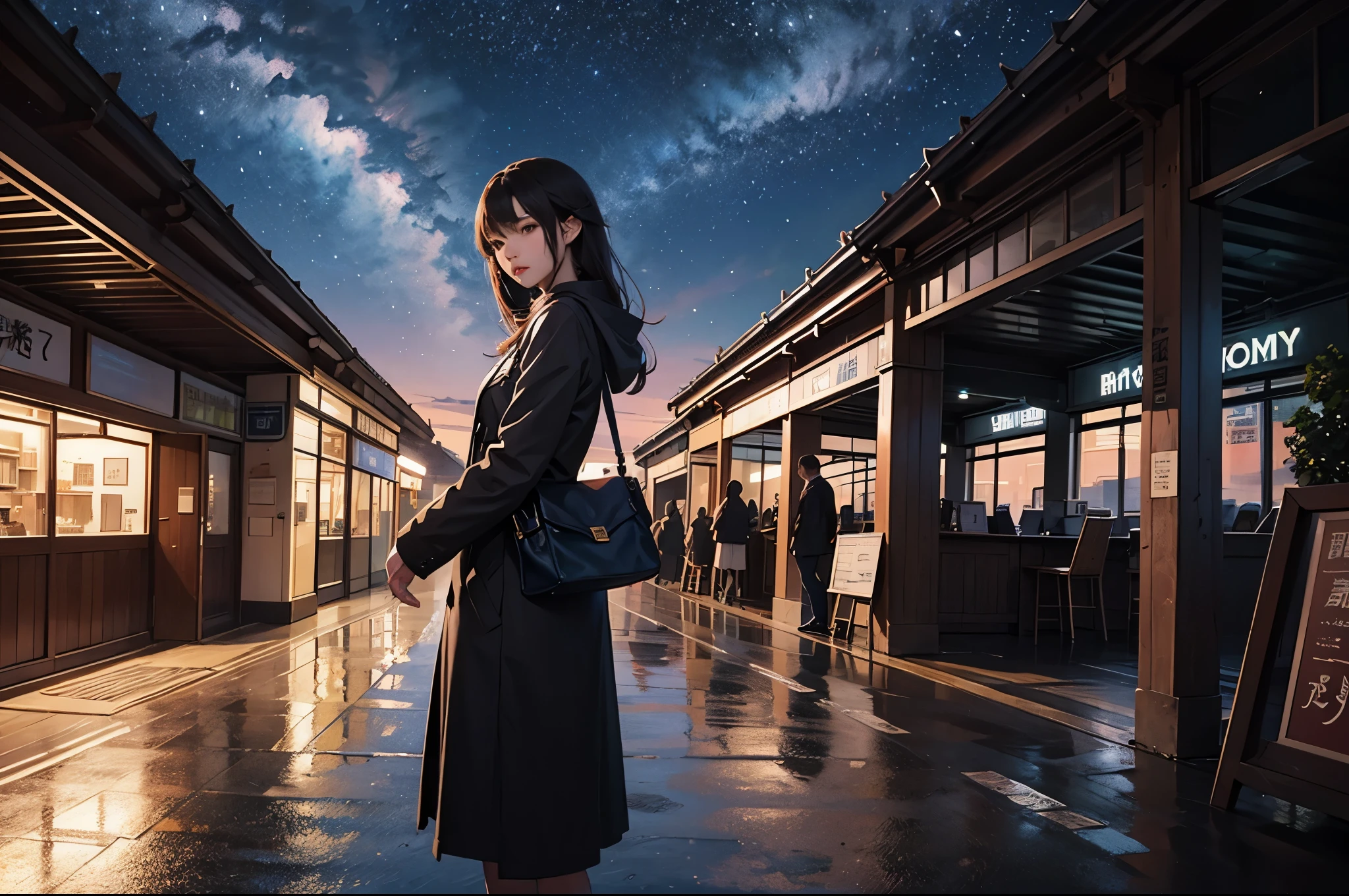 comics, bright starry sky. romantic bus station, Xin Haicheng's pictures, pure, concept art, Lofi Art style, reflection. author:Xin Haicheng, Lofi Art, Beautiful anime scene, anime scenery, Detailed Landscape—Width 672, Xin Haicheng's style, Xin Haicheng的風格, Enhance details.