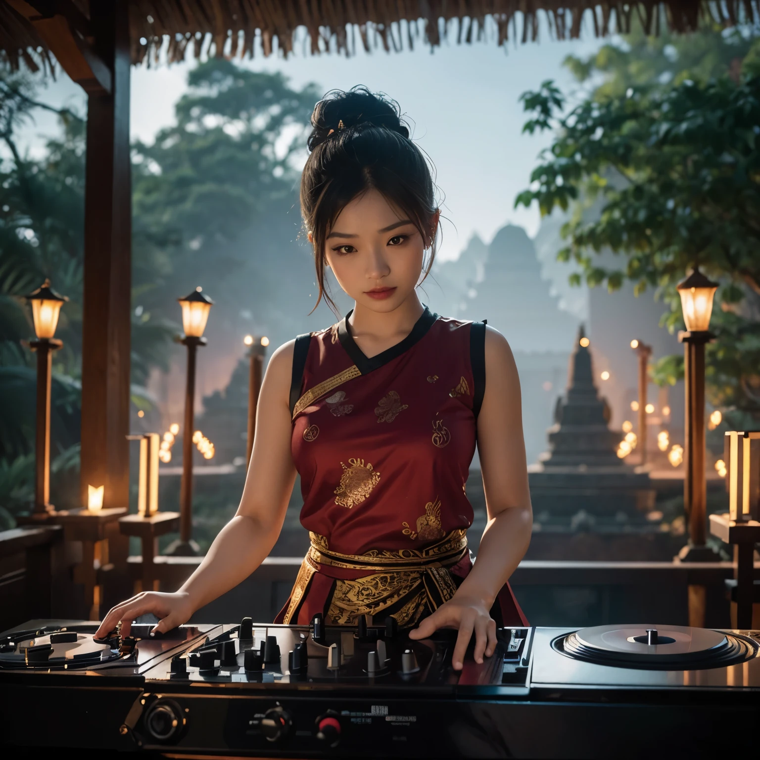 ((very sharp photo result & detailed face)) (((textile shading))) (((Best Quality))), (((masterpiece))) (((hyper realistic photo))) in secred borobudur temple night scenery, there`s an exotic face indonesian female DJ performing, wearing batik red tanktop & bun hairstyle, she attractively playing her turntables, watching by local people play local gamelan instrument, magical atmosphere, there`s traditional stage by bamboo, lighting by torches, correct hands & fingers, serene atmosphere, 16K, Fujifilm XF 56mm f/1.2 R Lens. HDR10 8K