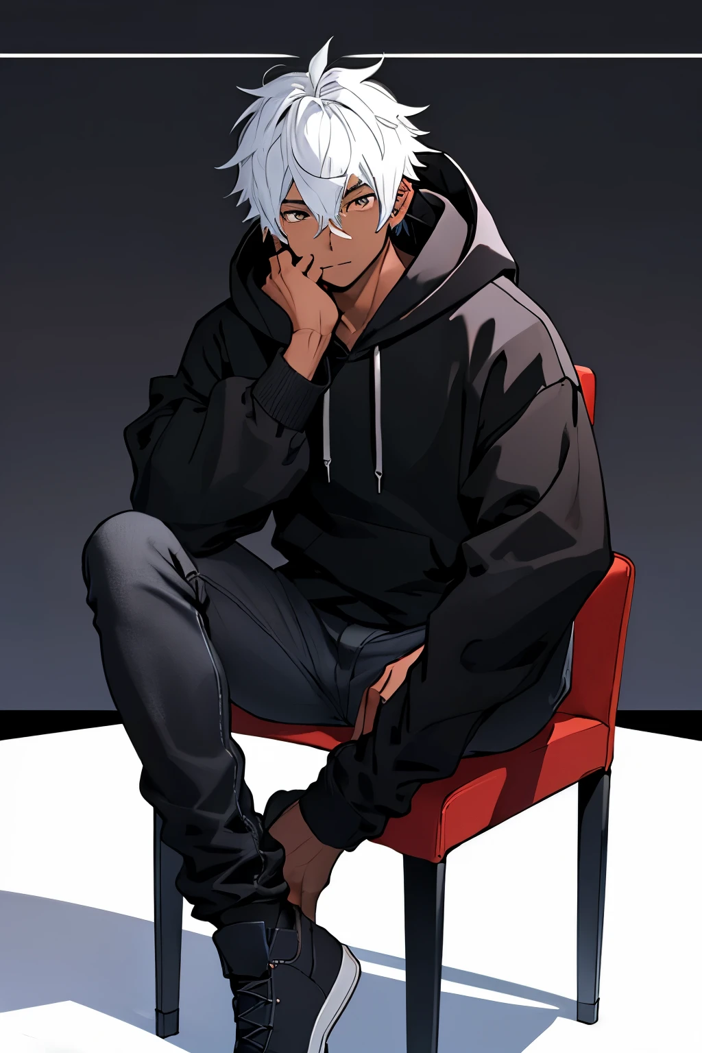 Draw a ager in plain black hoodie , skin tone is little dark,in black jeans, face shape is triangle , with a good hairstyle , his name is shivanshu . He is sitting on a chair bhind it the space.
