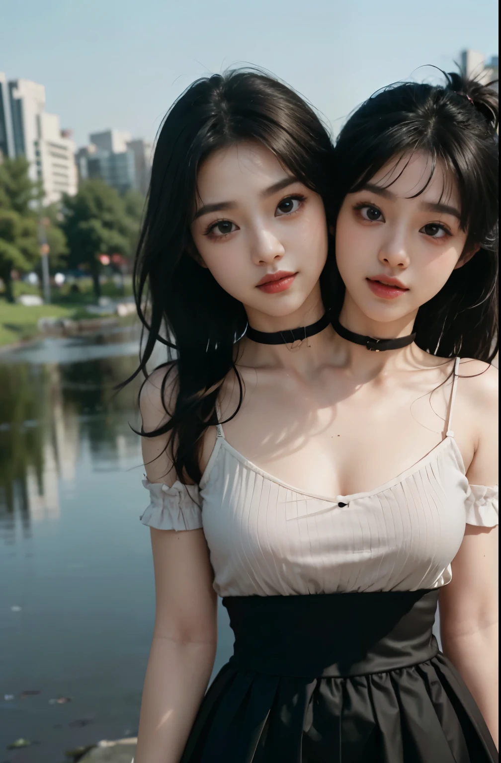 8K raw photos，A high resolution，chest circumference，Abs，the ribs，conjoined_dicephalus, (two heads:1.3), black hair，blunt bangs, wearing a dark dress ，a skirt, park pond at night, nighttime, sparse lighting，Cute Japanese 22 years old，with a round face，Very thin lips，smile，plump，beautiful eyes in detail，long eyelash，Three white eye，bluntbangs，okami，choker necklace，random facial expression，Single ponytail