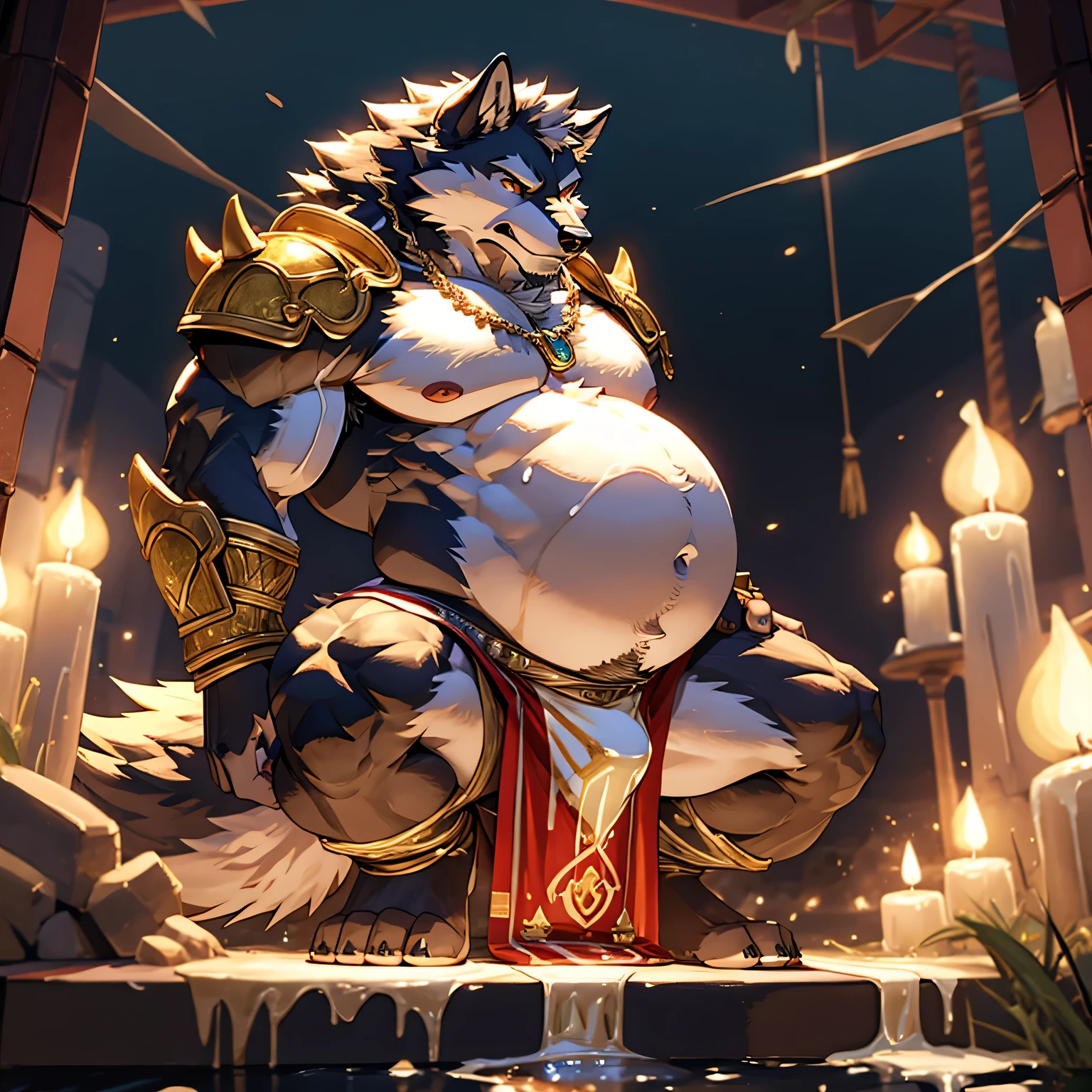 blue tall wolf、gray fur wolf、wolf face and body、huge muscles、lower abdomen swollen with fat、Abdomen swollen to a huge size as if pregnant、Abdomen about to burst、silver mane、Belly so hairy that you can't see the skin、large amount of pubic hair、Hair around the navel、Overflowing armpit hair、golden eyes、huge bulge in the crotch、Crotch about to burst、A large amount of drool overflowing from the mouth、hunched pose、butt on the floor、Composition looking up from below、Completely naked、drenched whole body、a large amount of spilled milk、very large amount of white slime、angry look、A white loincloth that is about to be taken off、gold necklace、jewelry bangles、decorative armor、The outline of a huge male genitalia、white swamp background、sparkling effect