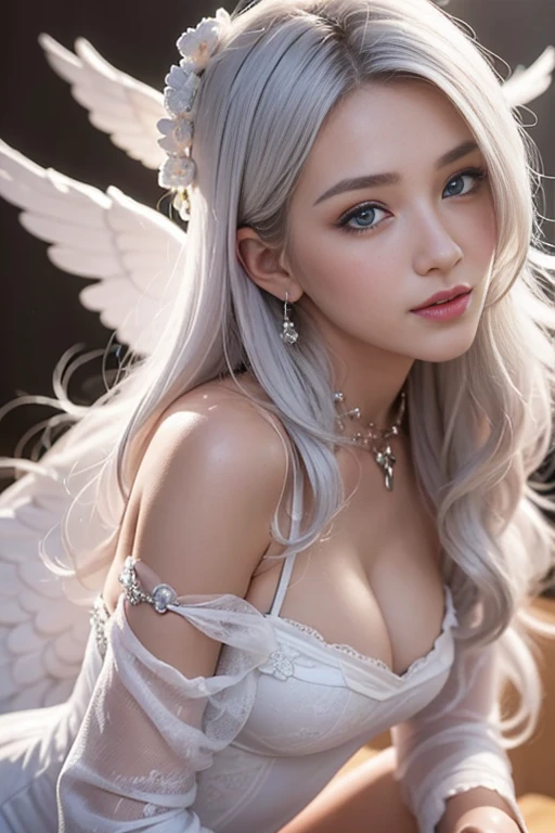       8k, Best Quality, Detailed, Ultra High Definition, Masterpiece, Random Angle, Elongated, Smiling, (Compensation: 0.4), (Fluffy Blue Eyes: 1.21), Big Blue Eyes, People Watching, ((Full Length)), One Girl, One Person, Close-Up Shot, (((High)), ((Slim Face ))), sharp face, sharp eyes, (((white hair, long hair, ))), ((detailed face)), small lips, (((small angel wings))), (((white dress, ))), detailed breasts, big tits, detailed buttocks, beautiful girl with slim abs highlighted: 1. 4, six pack abs: 1.4, bust botox Perfect body, slender legs, (((in heaven))), 18 years old, looks much younger than her age.