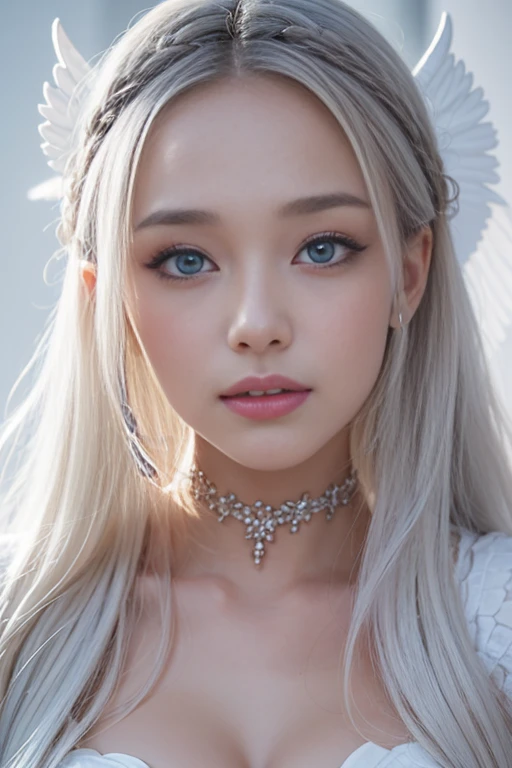      8k, Best Quality, Detailed, Ultra High Definition, Masterpiece, Random Angle, Elongated, Smiling, (Compensation: 0.4), (Fluffy Blue Eyes: 1.21), Big Blue Eyes, People Watching, ((Full Length)), One Girl, One Person, Close-Up Shot, (((High)), ((Slim Face ))), sharp face, sharp eyes, (((white hair, long hair, ))), ((detailed face)), small lips, (((small angel wings))), (((white dress, ))), detailed breasts, big tits, detailed buttocks, beautiful girl with slim abs highlighted: 1. 4, six pack abs: 1.4, bust botox Perfect body, slender legs, (((in heaven))), 18 years old, looks much younger than her age.
