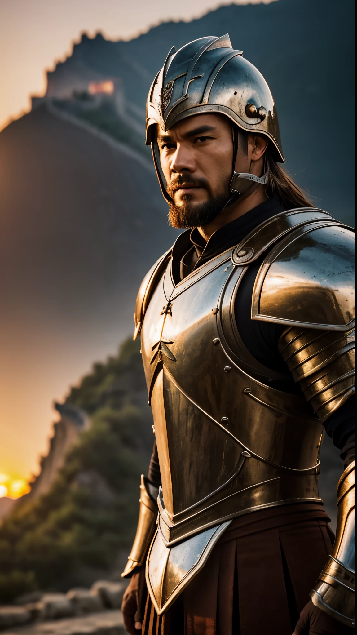 strong muscular man, handsome, (Chinese Scale armor), helmet, metal reflections, polearm, outdoors, intense sunlight, far away Greatwall of China, professional photograph of a stunning face detailed, sharp focus, dramatic, octane render unreal engine, volumetrics dtx, (film grain, blurry background, sunset, motion blur:1.3), full body with foot, brown hair, cinematic lighting, blurry foreground, bokeh, depth of field, high detail, cowboy shot, Ultra-Wide Angle, UHD