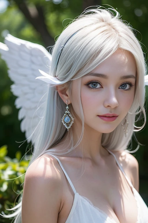8k, Best Quality, Detailed, Ultra High Definition, Masterpiece, Random Angle, Elongated, Smiling, (Compensation: 0.4), (Fluffy Blue Eyes: 1.21), Big Blue Eyes, People Watching, ((Full Length)), One Girl, One Person, Close-Up Shot, (((High)), ((Slim Face ))), sharp face, sharp eyes, (((white hair, long hair, ))), ((detailed face)), small lips, (((small angel wings))), (((white dress, ))), detailed breasts, big tits, detailed buttocks, beautiful girl with slim abs highlighted: 1. 4, six pack abs: 1.4, bust botox Perfect body, slender legs, (((in heaven))), 18 years old, looks much younger than her age.