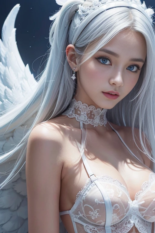 ultra high resolution, highest quality, photograph, 4K, (photographrealistic:1.4), cinematic lighting, (european:1.5)、white angel of the lord, (with large translucent wings,,:1.5), fine plumage, cyberpunk environment, (Snow and ice environment on background:1.5), (Ice Cathedral:1.2), Portal of the future, volume light, HD, magic, sacred light, Backlight, (detailed face), contrasting、(golden hair)、(sitting on a large and magnificent throne)、(spread your legs:1.3)、(Show me your white panties:1.3)、(At SFW)