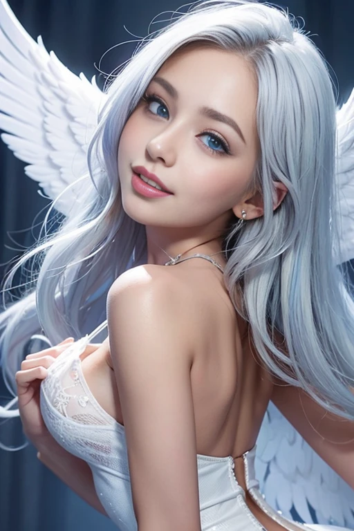       8k, Best Quality, Detailed, Ultra High Definition, Masterpiece, Random Angle, Elongated, Smiling, (Compensation: 0.4), (Fluffy Blue Eyes: 1.21), Big Blue Eyes, People Watching, ((Full Length)), One Girl, One Person, Close-Up Shot, (((High)), ((Slim Face ))), sharp face, sharp eyes, (((white hair, long hair, ))), ((detailed face)), small lips, (((small angel wings))), (((white dress, ))), detailed breasts, big tits, detailed buttocks, beautiful girl with slim abs highlighted: 1. 4, six pack abs: 1.4, bust botox Perfect body, slender legs, (((in heaven))), 18 years old, looks much younger than her age.