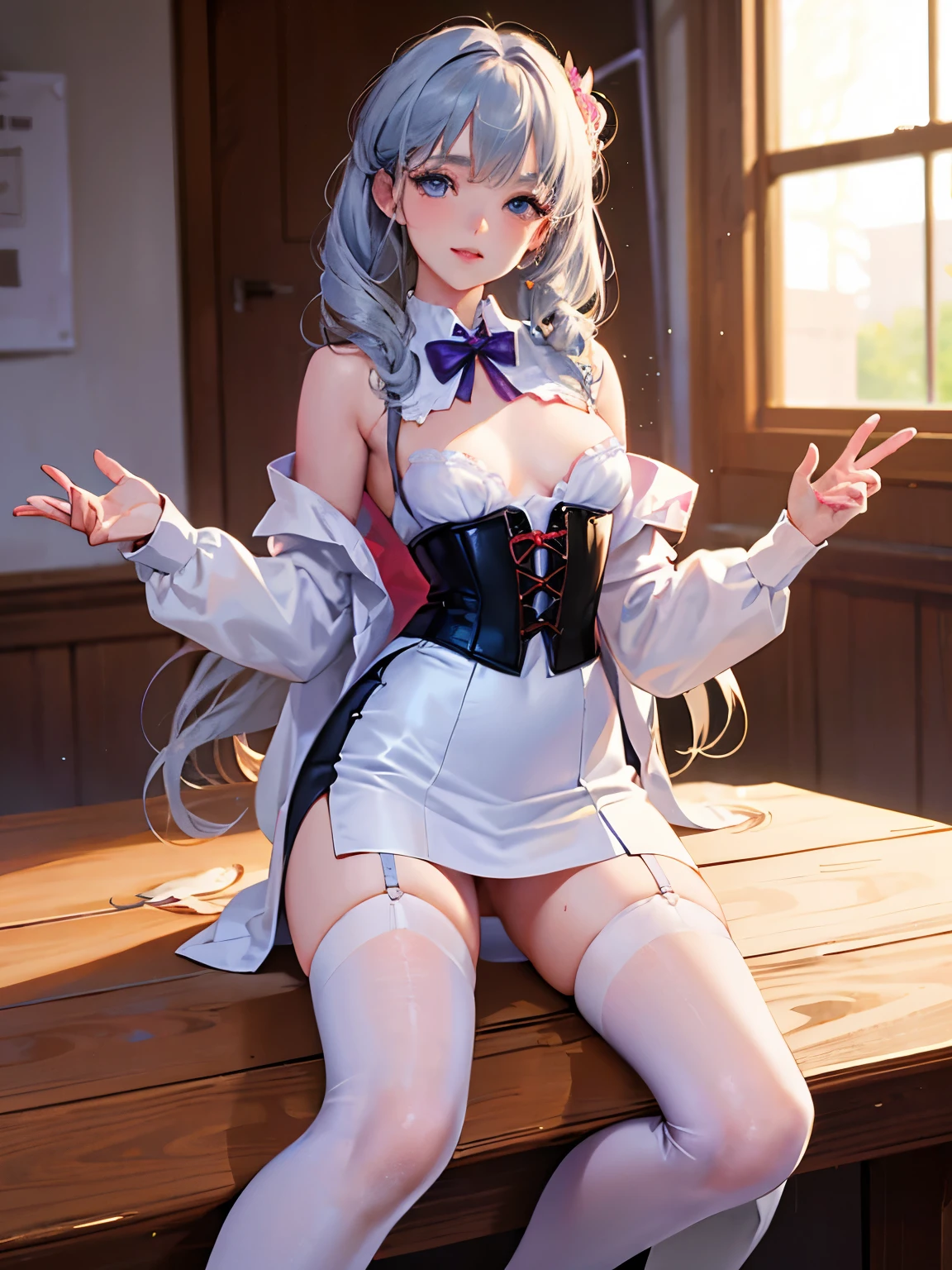 ((focus on the face)),NSFW, ((Cute symmetrical face)),8k, highest quality, photo realistic, Highly detailed 8k wallpaper,(biologically correct form),(masterpiece:1.2, highest quality), (realistic, photorealistic:1.4), beautiful illustrations, (natural side lighting, movie lighting), looking at the viewer, girl,blue-silver hair, 25 years old, perfect face, perfect body, shiny skin, beautiful hair, beautiful face, beautiful eyes, 緻密でbeautiful eyes, beautiful body, beautiful , beautiful arms、((beautiful thin legs)), (small butt、Na thighs),blush,、upward glance、 (High heels of the same color on the left and right and anklets of the same color), (cute smile), (corset on shirt、pencil skirt)、white bra、toe stockings、garter belt)、detailed facial depiction、Correct number of limbs、big, kind eyes、OL、office、office desk、legs crossed in an office chair、Scenery at work、I have a file in my hand、I have colleagues around me.、drill vertical roll hair