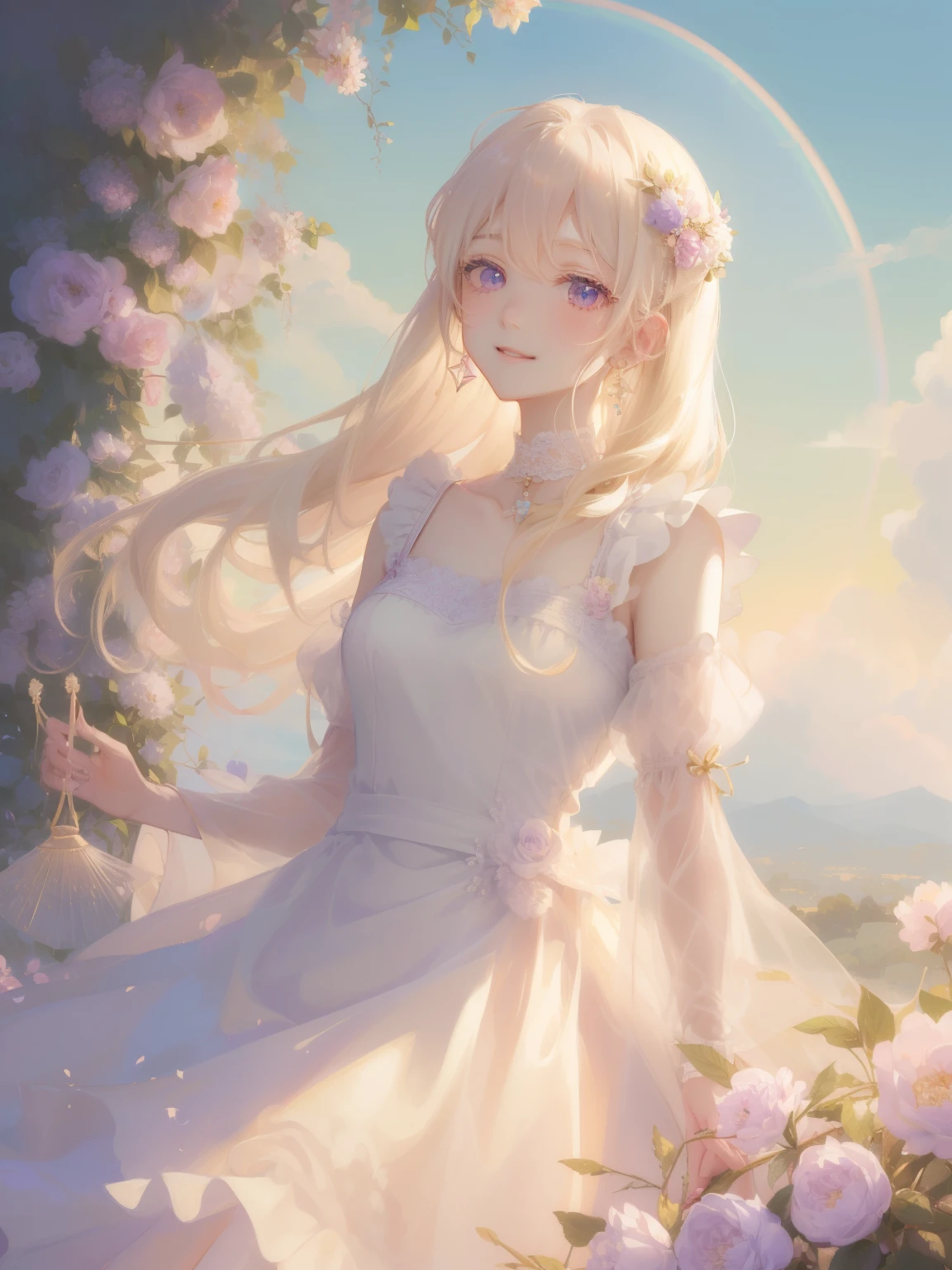 (highest quality, masterpiece, Super detailed, very detailed, exquisite, 16k,Full HD),A little closer,dramatic lighting,pastel colour,smile,(looks fun)grab the hem of the dress,(sun光,grassland,clear sky),(floating in the air),soft lighting, ((alone:1.5)),(clear sky,blue sky,rainbow,sun,morning sky,sunny),gentle wind,magical forest,flower,wood,flower畑,葉っぱとflowerびらが舞う,From above,((head shot)),画面いっぱいのflower,(fairy:1.2, purple eyes, long eyelashes,white skin,slim,pale pink plump lips,pale pink cheeks, The wind is blowing,(medium hair,wavy hair,blonde),thin and long,(thin and high nose,small nose),(腰の少しFrom above巨大な妖精の羽:1.5),sunの光に反射した,sunの魔法,flowerのティアラ,diamond earrings,Diamond Choker,(waist is narrow,fluffy white ball gown dress, lace and frills),(smile:1.2), (fantasy, romantic atmosphere),