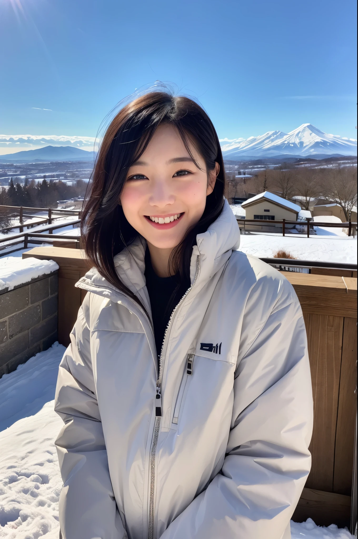8K Photo Quality、View from the top of the hill(Biei Town, Hokkaido)、snow scene、beautiful japanese woman(23 years old)、Hair cut black bob、wearing a white down jacket。clear sky。Smiling while holding a cute little black kitten。realistic face、a few freckles。