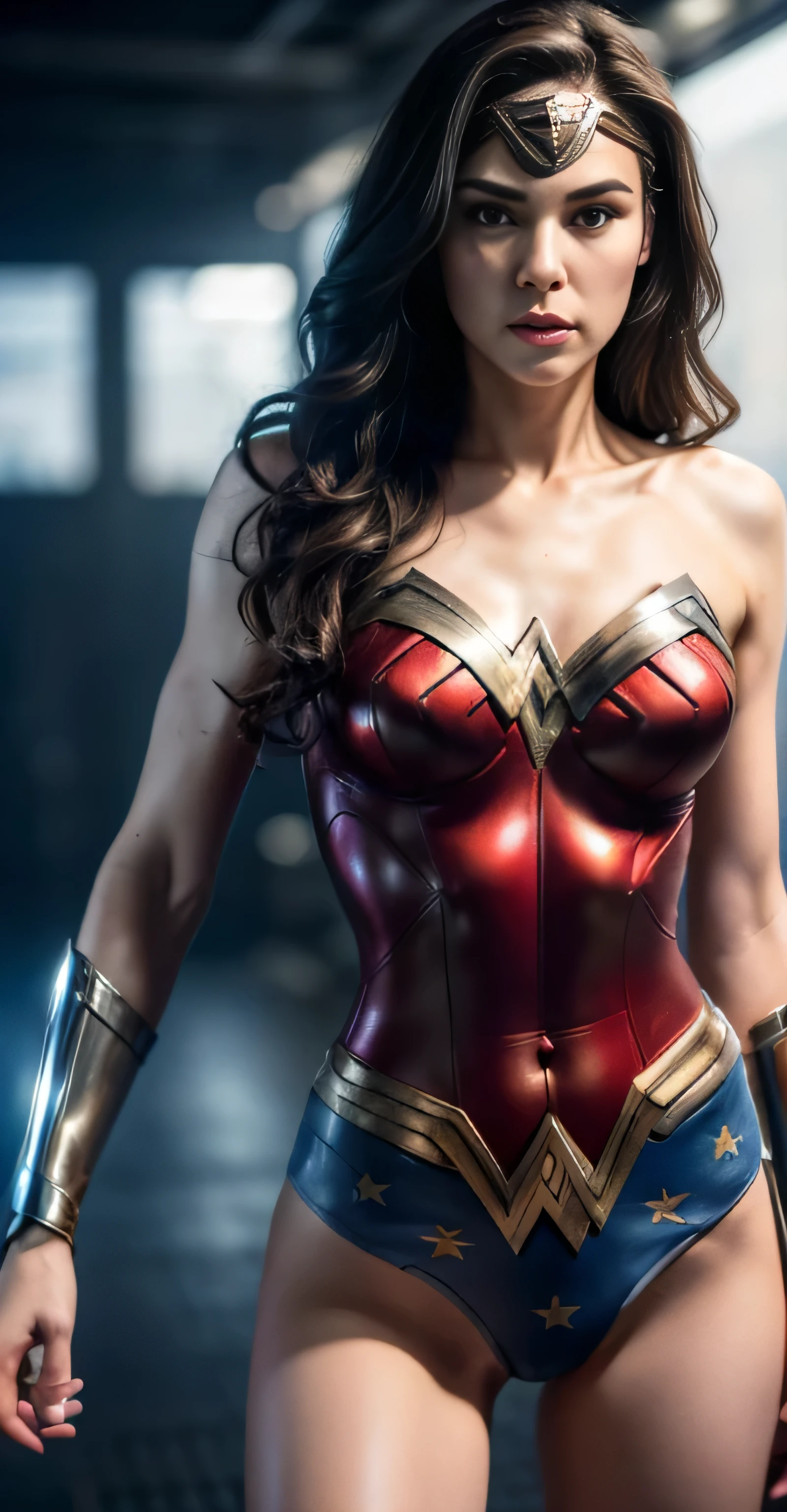 ((masterpiece, 8K, 3D, Realistic, Super Detail)), (1girl:1.3), slender 17 age, Ultra Micro photography, Super realistic, Perfect face, Beautiful features, ((Perfect female body)) Beautiful features, ( body), ((small hip)), Vanessa Kirby as Wonder Woman ((Exposed thigh)), Exposed Skin, Front Full body Shot, full body portrait, futuristic city background