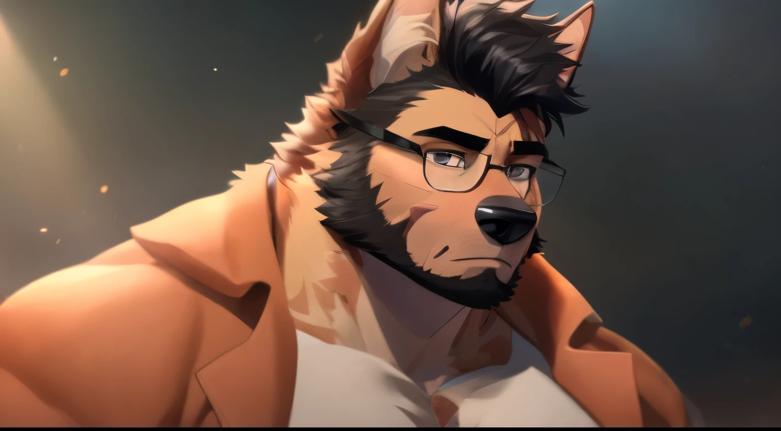 Dog man, German shepherd build and fur pattern, with mainly tan mid tones with a very slight reddish hue, with a bit more fluff then normal, Very dark brown or black hair and facial hair,
glasses, and the smallish scar in and above, the right eyebrow that leans more to the right side of the eyebrow, and bandaged on the bridge of the nose,