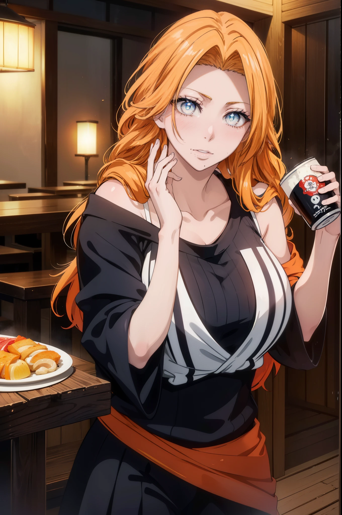 rangikumatsumoto, rangiku matsumoto, long hair, Red-orange hair, mole, mole under mouth, gray eyes,smile,happy atmosphere,mouth open,parted bangs, smile,white off shoulder sweater bare neck,bare clavicle,bare shoulders,black long skirt,There is a large beer mug and food on the table.,drinking party,
break indoors, Izakaya,
break looking at viewer, (cowboy shot:1.5),
break (masterpiece:1.2), highest quality, High resolution, unity 8k wallpaper, (figure:0.8), (detailed and beautiful eyes:1.6), highly detailed face, perfect lighting, Very detailed CG, (perfect hands, perfect anatomy),