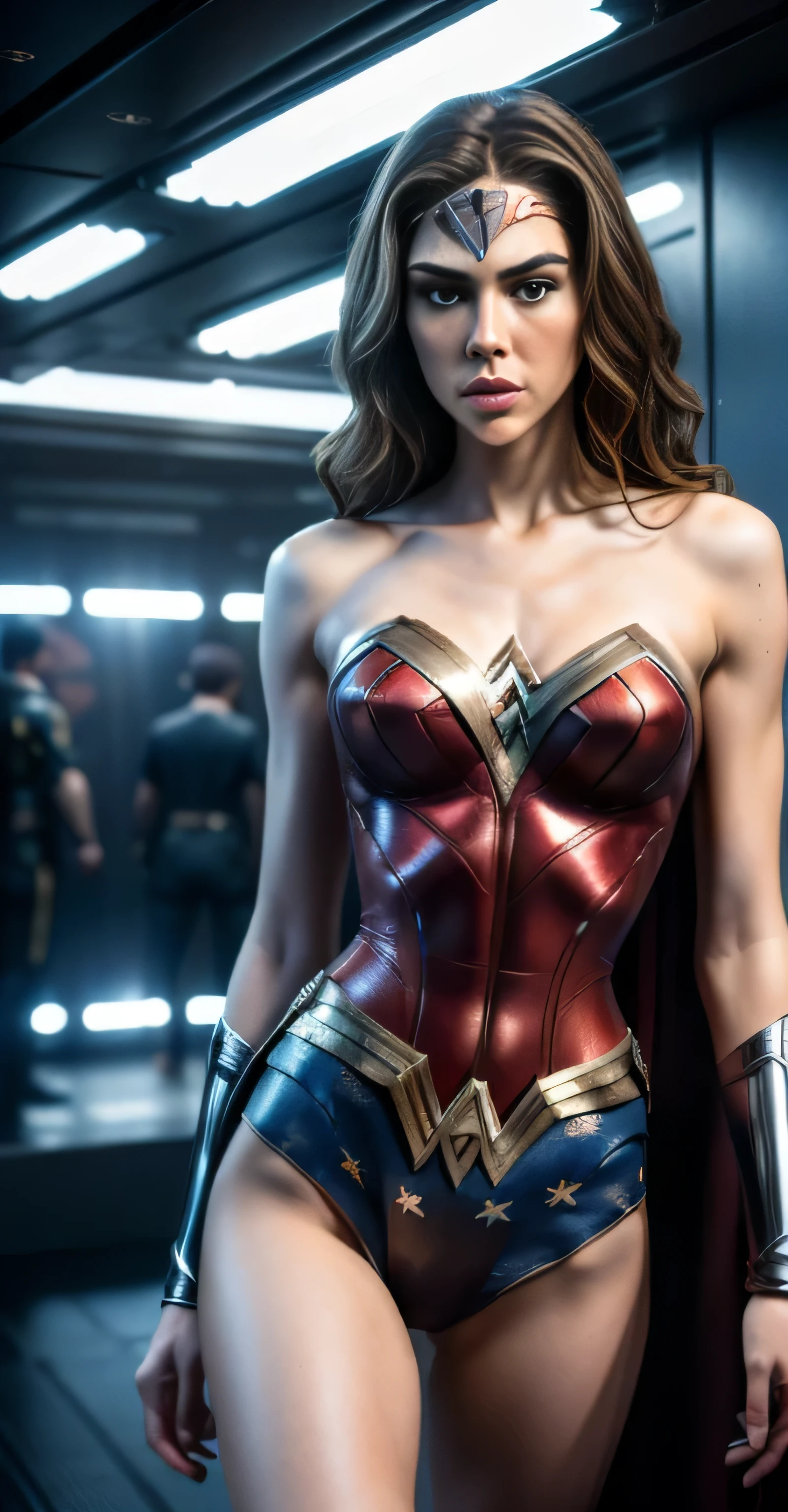 ((masterpiece, 8K, 3D, Realistic, Super Detail)), (1girl:1.3), slender 17 age, Ultra Micro photography, Super realistic, Perfect face, Beautiful features, ((Perfect female body)) Beautiful features, ( body), ((small hip)), Vanessa Kirby as Wonder Woman ((Exposed thigh)), Exposed Skin, Front Full body Shot, full body portrait, futuristic city background