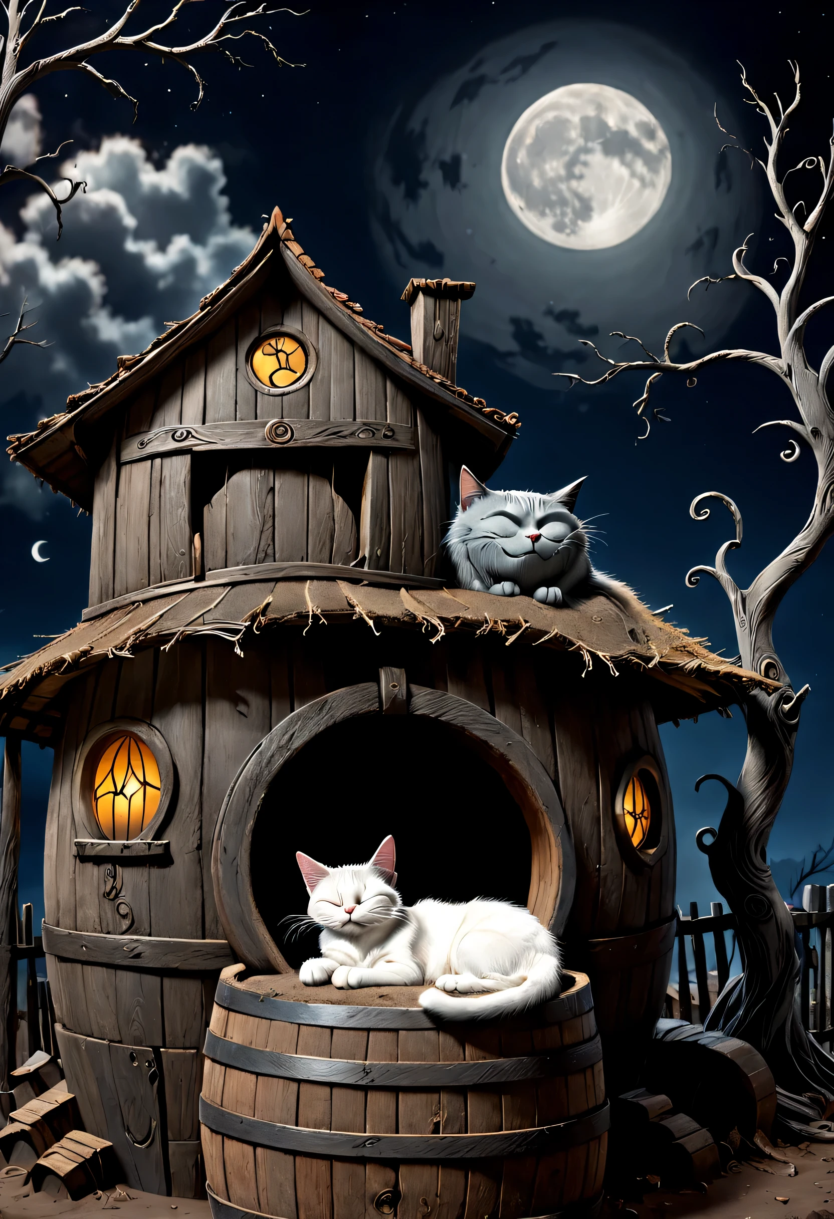 A cat sleeping on a large wooden barrel in front of an old mud-walled house、The Nightmare Before Christmas、Under a dead tree、moon night、The moon is half hidden in clouds、Tim Burton Movies、High color rendering、high detail