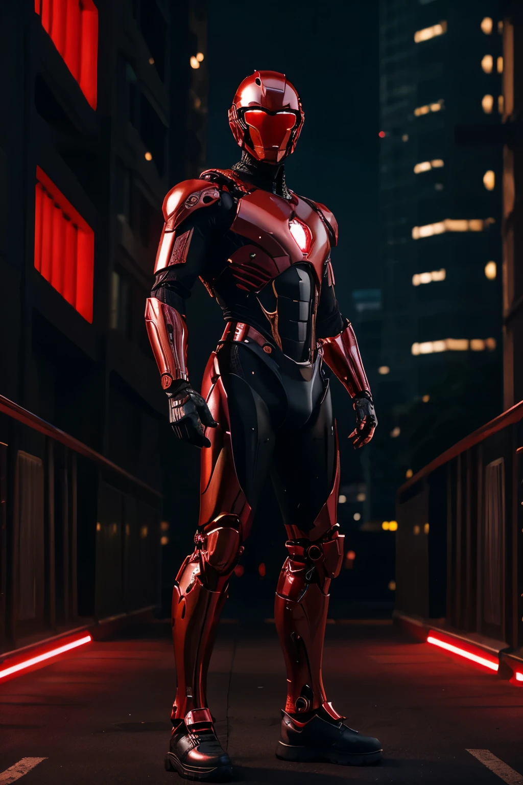 A front full body view of a majestic, anatomically correct, red chrome cyborg man in a masterpiece quality image. With a fantastic square cyberhelmet head adorned with brilliant red lights, he dons a torned red techwear ninja jacket and black tactical pants. His iron red tactical gloves add to his menacing demeanor, and he completes the look with black tactical shoes. Standing boldly in the middle of a best quality, intricately detailed cyberpunk city background, the sharp focus on his face illuminates every fine texture and detail, bringing this UHD masterpiece to life.