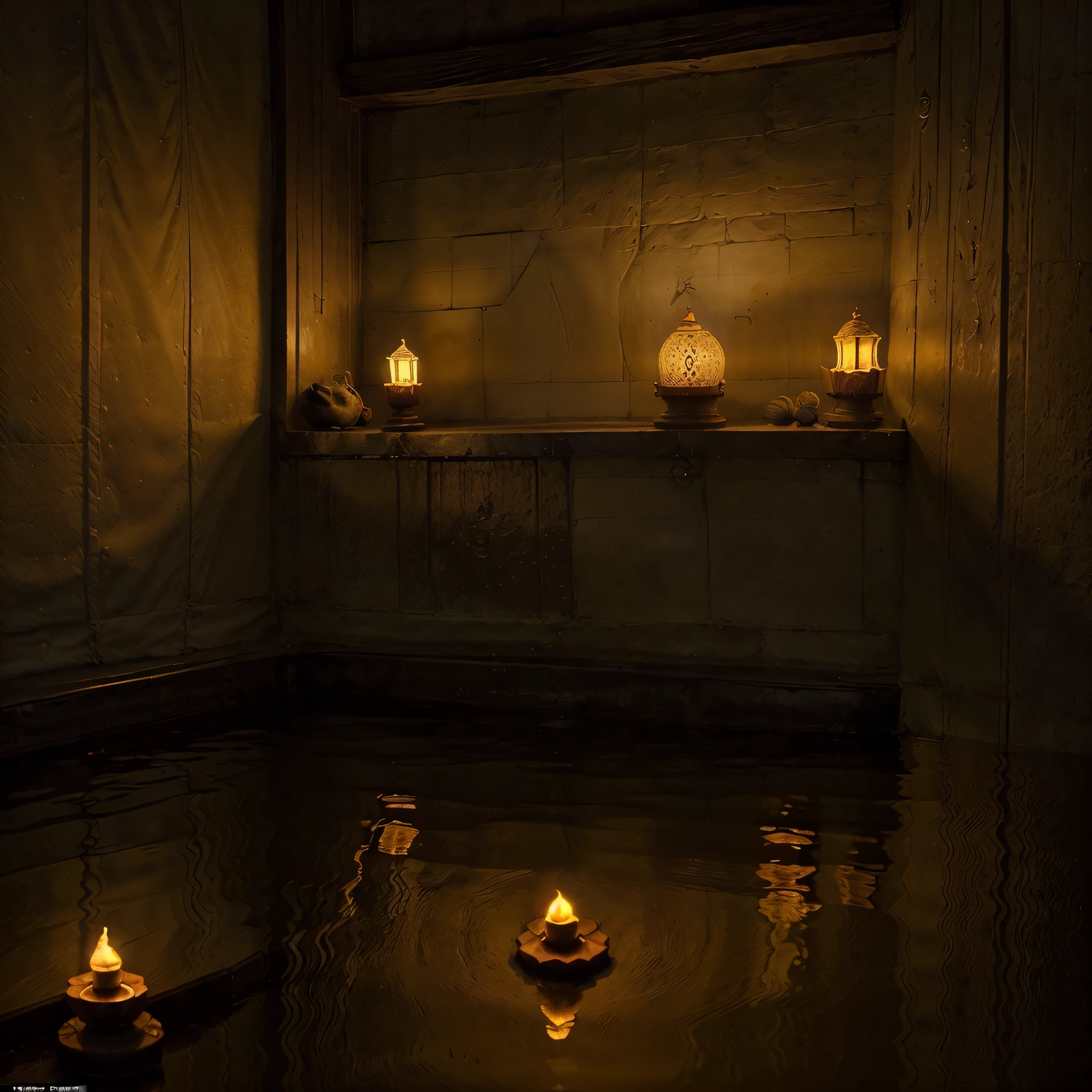 (((background)))(((Explore the serene corners of Dashashwamedh Ghat during the Sunset Aarti. Showcase a quieter area where devotees find solace, with the flickering lamps and the soft hues of the evening sky creating a tranquil atmosphere.)))