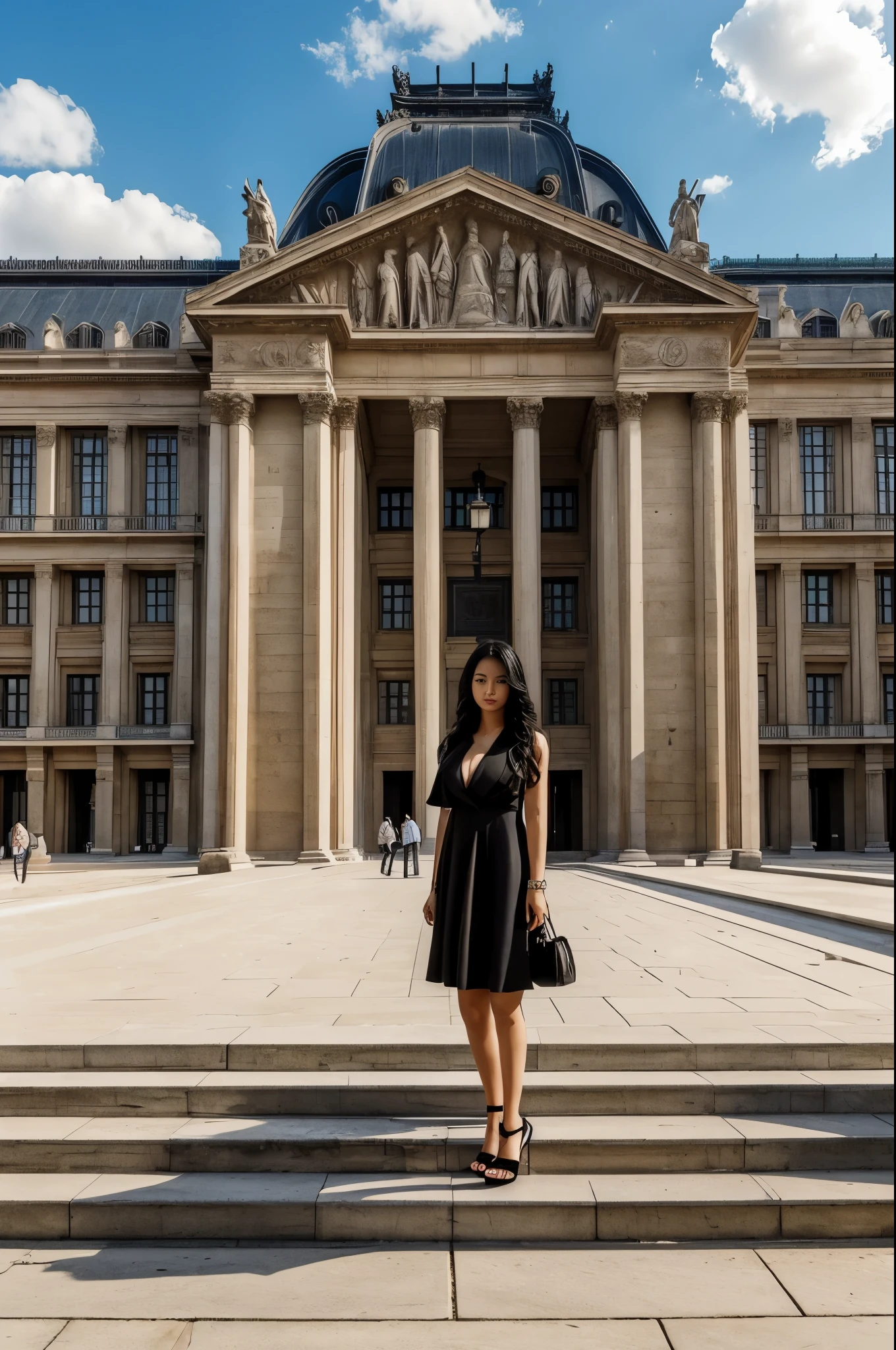 ((masterpiece)), best quality, extremely detailed, Sexy ultra realistic asian woman with long wave black hair, (tits:1.2), dressed in black dress, she on square, It is surrounded by buildings that create an atmosphere of an ancient palace. In the center of the square stands the famous glass pyramid of the Louvre, serving as one of the entrances to the museum. The square is adorned with fountains, sculptures, and architectural details that give it a special charm and beauty.