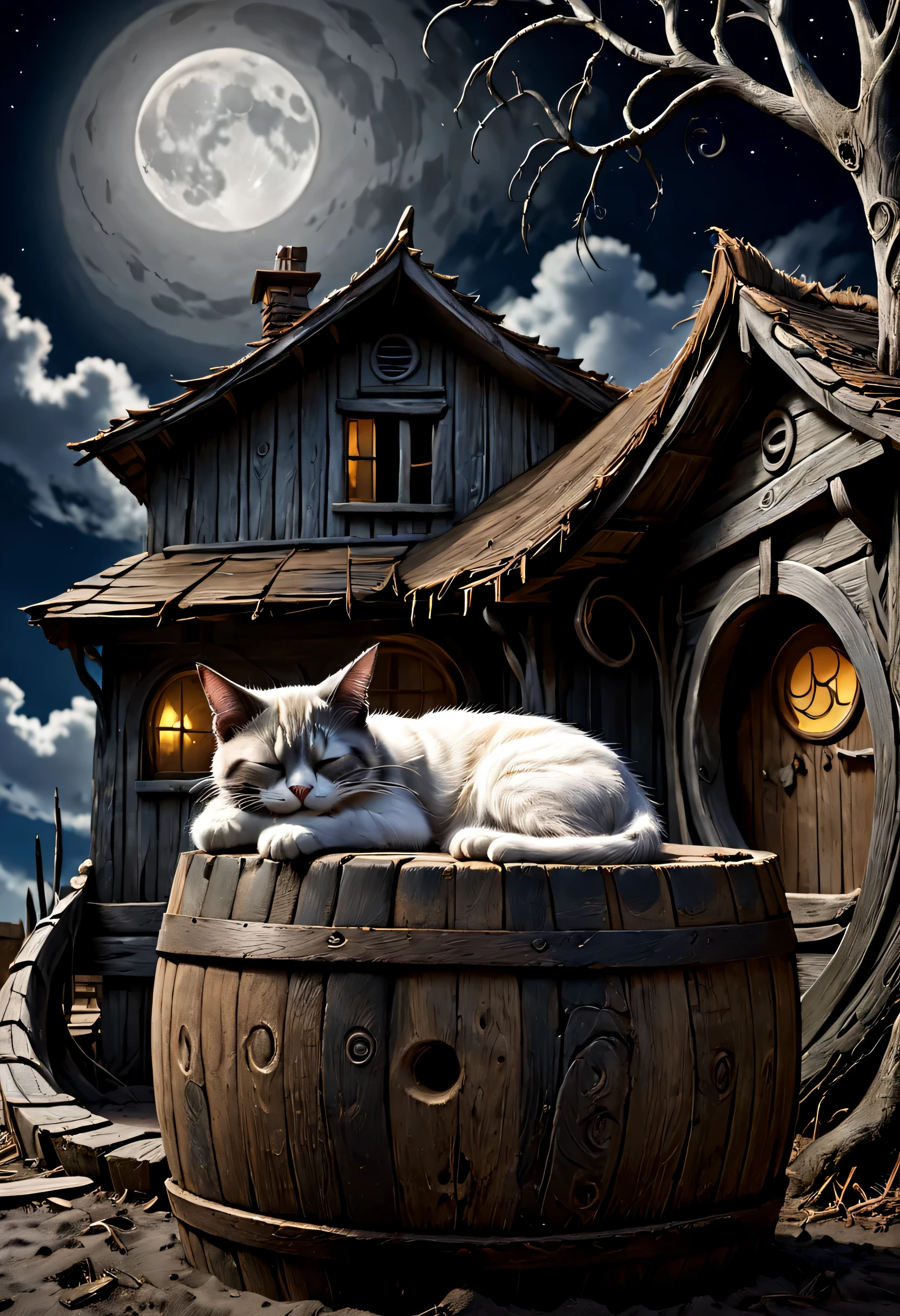 A cat sleeping on a large wooden barrel in front of an old mud-walled house、The Nightmare Before Christmas、Under a dead tree、moon night、The moon is half hidden in clouds、Tim Burton Movies、High color rendering、high detail