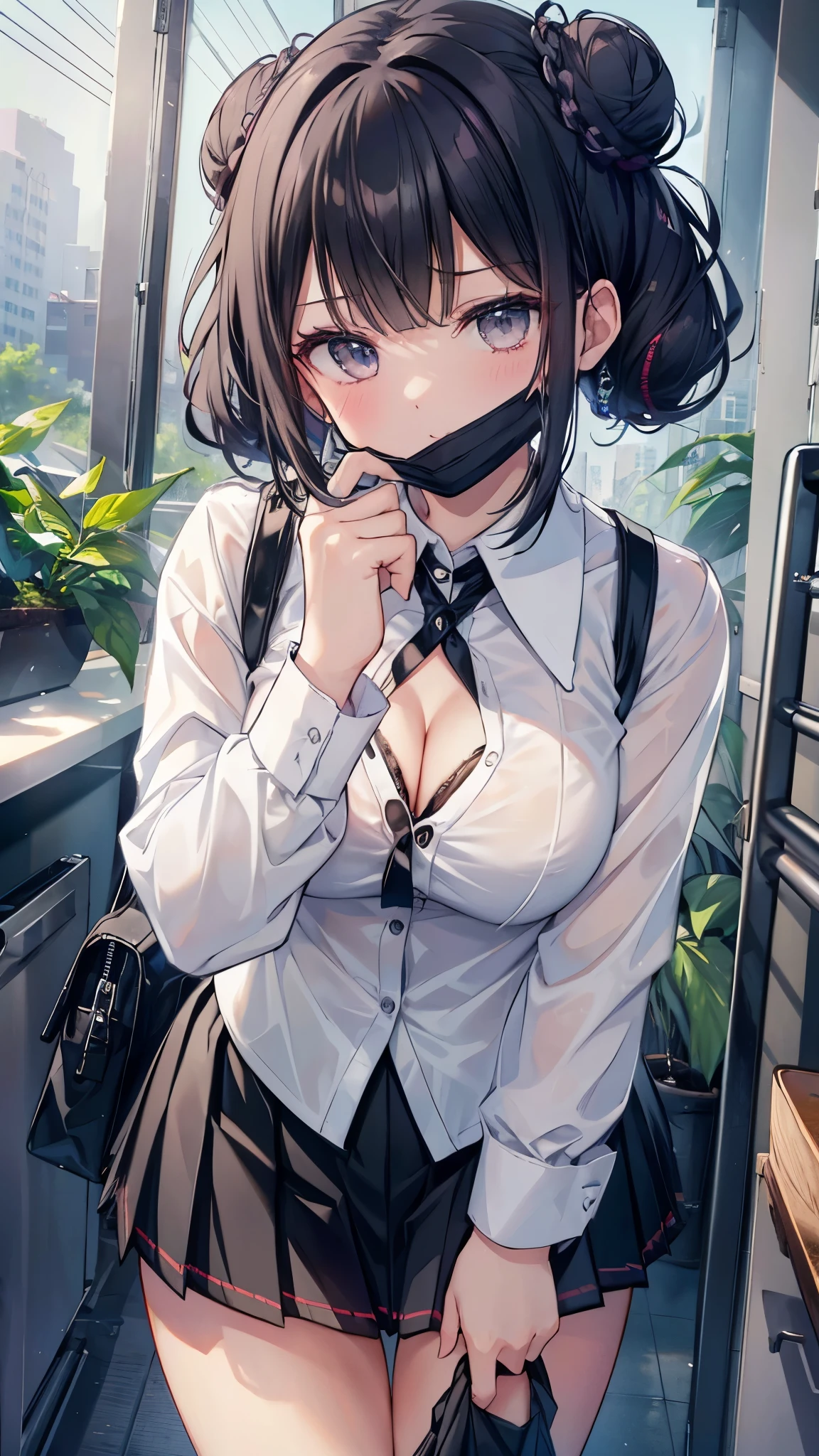 (8K、Highest image quality、highest quality、masterpiece)、detailed face、1 girl、black hair、((one hair bun))、blunt bangs、gray eyes、((black mask_pull))、Moderate chest、((white collared shirt:1.5))、open clothes、((Cleavage))、cleavage、((black pleated skirt))、((miniskirt))、((bent over:1.5))、put your hands on your hips、cowboy shot、classroom background、POV
