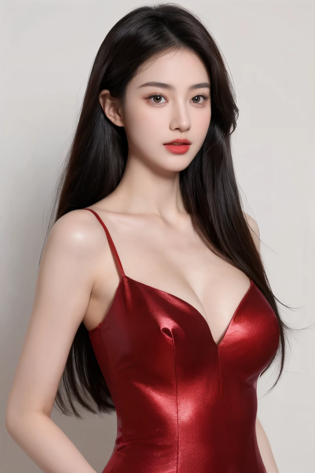 （lifelike,high resolution：1.3）， A slim girl， The face shape and eyes are super delicate,black hair,red glossy lips,(beautiful face), (best quality), (Super detailed), (Extremely detailed CG unified 8k wallpaper),((Evening wear)),(White background),(cleavage),(Model photo),sexy look,big eyes,(standing)，Eyes look at the audience,soft breasts,very realistic breasts,Straight chest,Character centered,