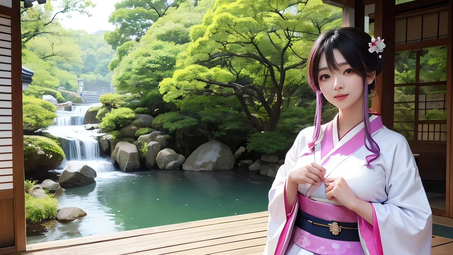 araffe woman in a kimono dress posing for a picture, in kimono, elegant japanese woman, wearing kimono, korean model, japanese kimono, japanese goddess, traditional japanese, in a kimono, wearing a kimono, pale and coloured kimono, white hanfu, kimono, wearing a simple robe, classic kimono, wearing a silk robe, wearing a simple robe, korean woman, Choi Hong Hwa , big breasts, show your chest, light purple hair、smile、beautiful eyes