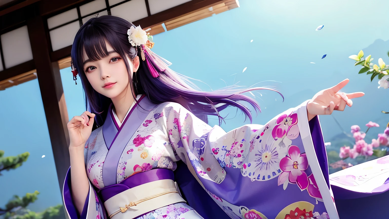 araffe woman in a kimono dress posing for a picture, in kimono, elegant japanese woman, wearing kimono, korean model, japanese kimono, japanese goddess, traditional japanese, in a kimono, wearing a kimono, pale and coloured kimono, white hanfu, kimono, wearing a simple robe, classic kimono, wearing a silk robe, wearing a simple robe, korean woman, Choi Hong Hwa , big breasts, show your chest, light purple hair、smile、beautiful eyes