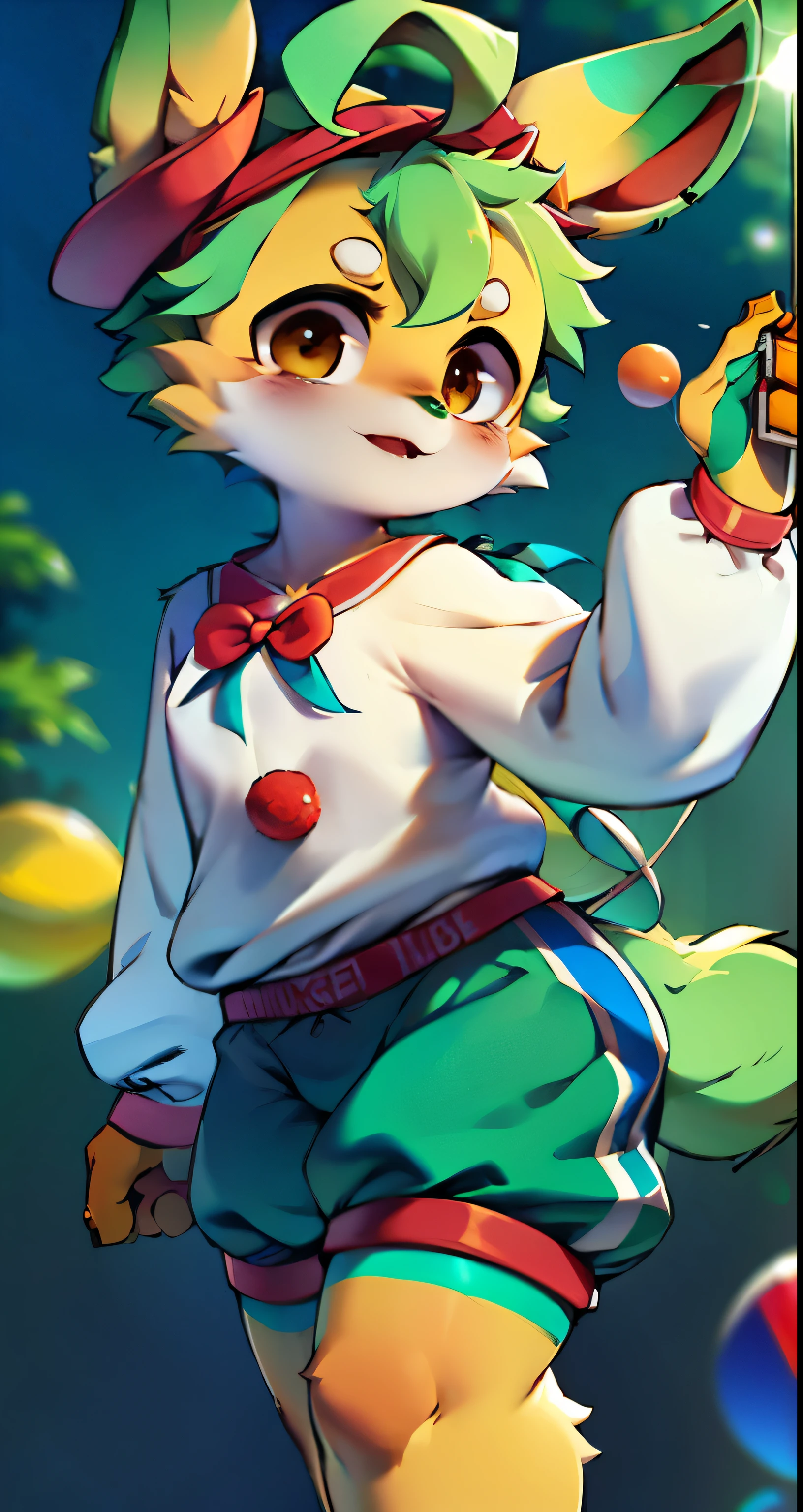 clown男孩, green hair, red and green eyes, Red and green round shoulder and round leg suit, Red and green clothes, 红绿色clown的帽子，circus红幕背景, 可爱核心 clown核心, y 2 k 可爱核心 clown核心, clown themed, animated characters, clown男孩, clown, medieval clown, highly rendered!!,  detailed, (best quality), (intricate details), cute style, , clown style, rich and colorful, ((green hair)), best quality, ((shorts)), ((Red and white clothes)), ((clown style clothes)), ((high socks)), ((round eyes)), ((has clown makeup)), pretty face, happy, cute face, Wu live, perfect face, simple background portrait, Shota,（black eyes，hairy all over，cat nose：1.2），The eyes are bright，panoramic，Character focus。detailed background，(clown custume，bloomer：1.2），lover, lover clown boy，clown，circus，perform acrobatics，Lively，charming，masterpiece, high quality, abstract research,number\(artwork\), Yes, (Hana Charcoal,fluffy fur,Character focus:1.1), short hair,portrait , eyes are very bright, panoramic, Character focus.(detailed background:0.7), lyre，Colorful balloons